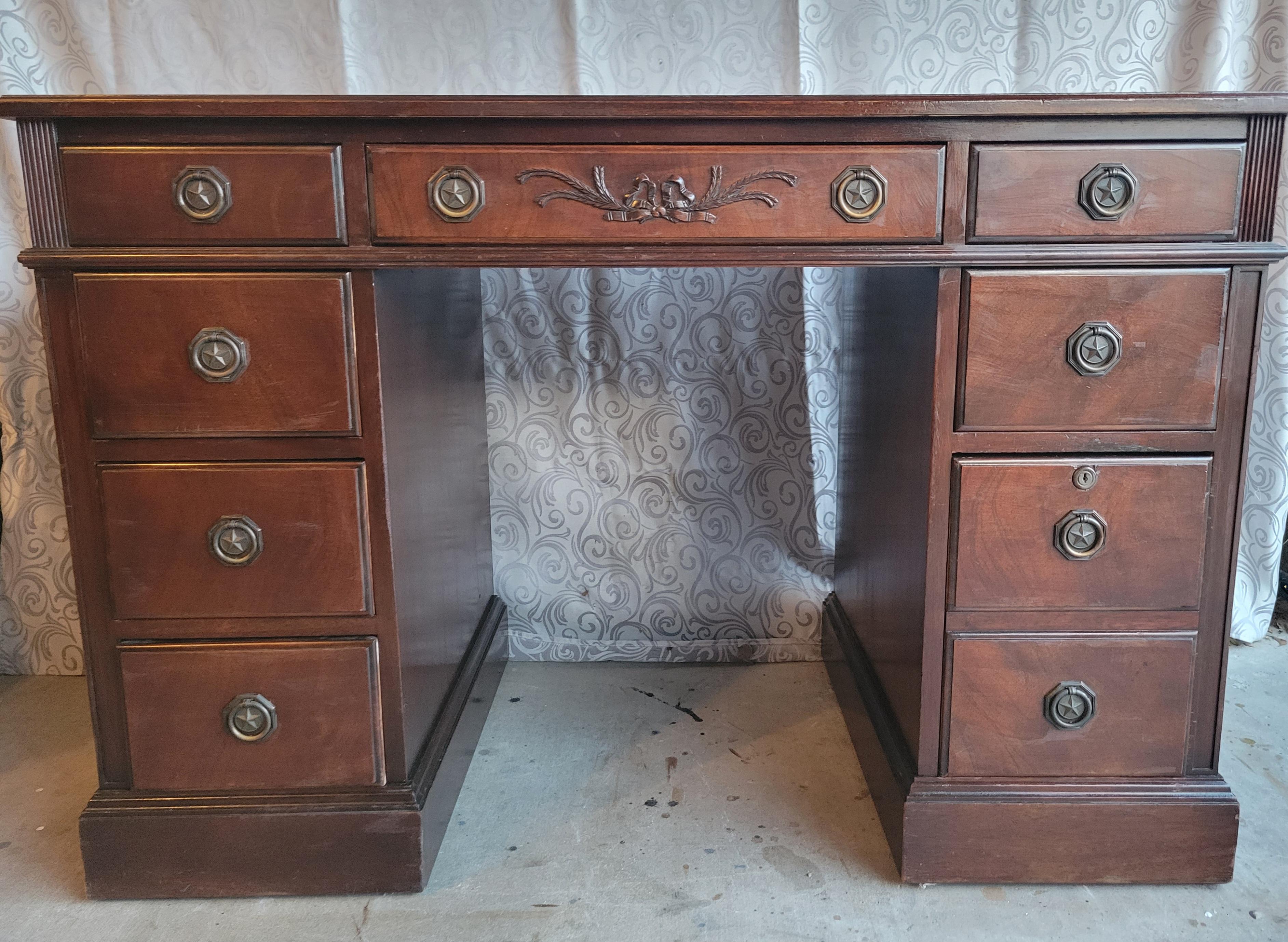 Genuine Mahogany Writing Desk with 8 Drawers For Sale 3