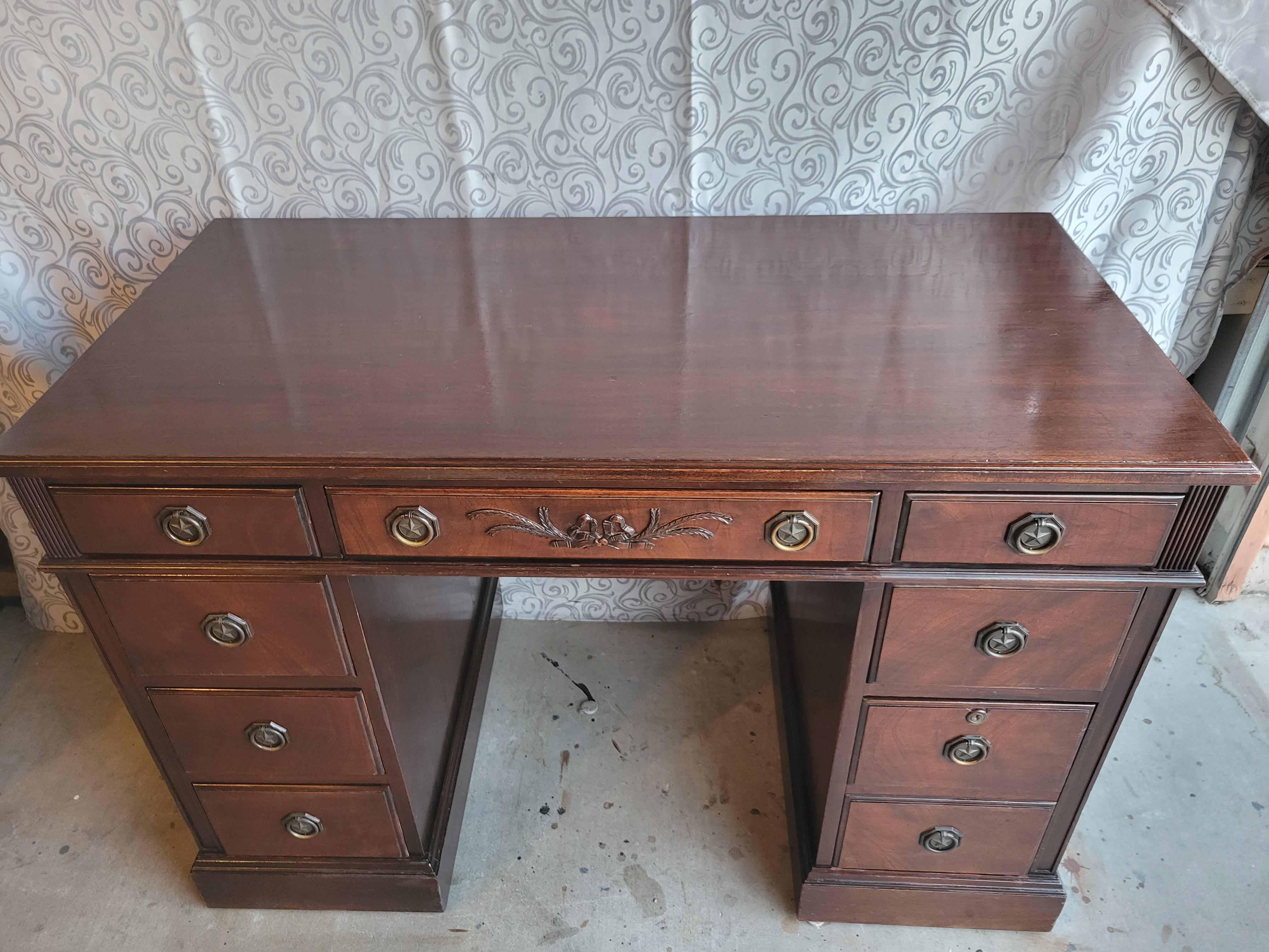 Genuine Mahogany Writing Desk with 8 Drawers For Sale 6