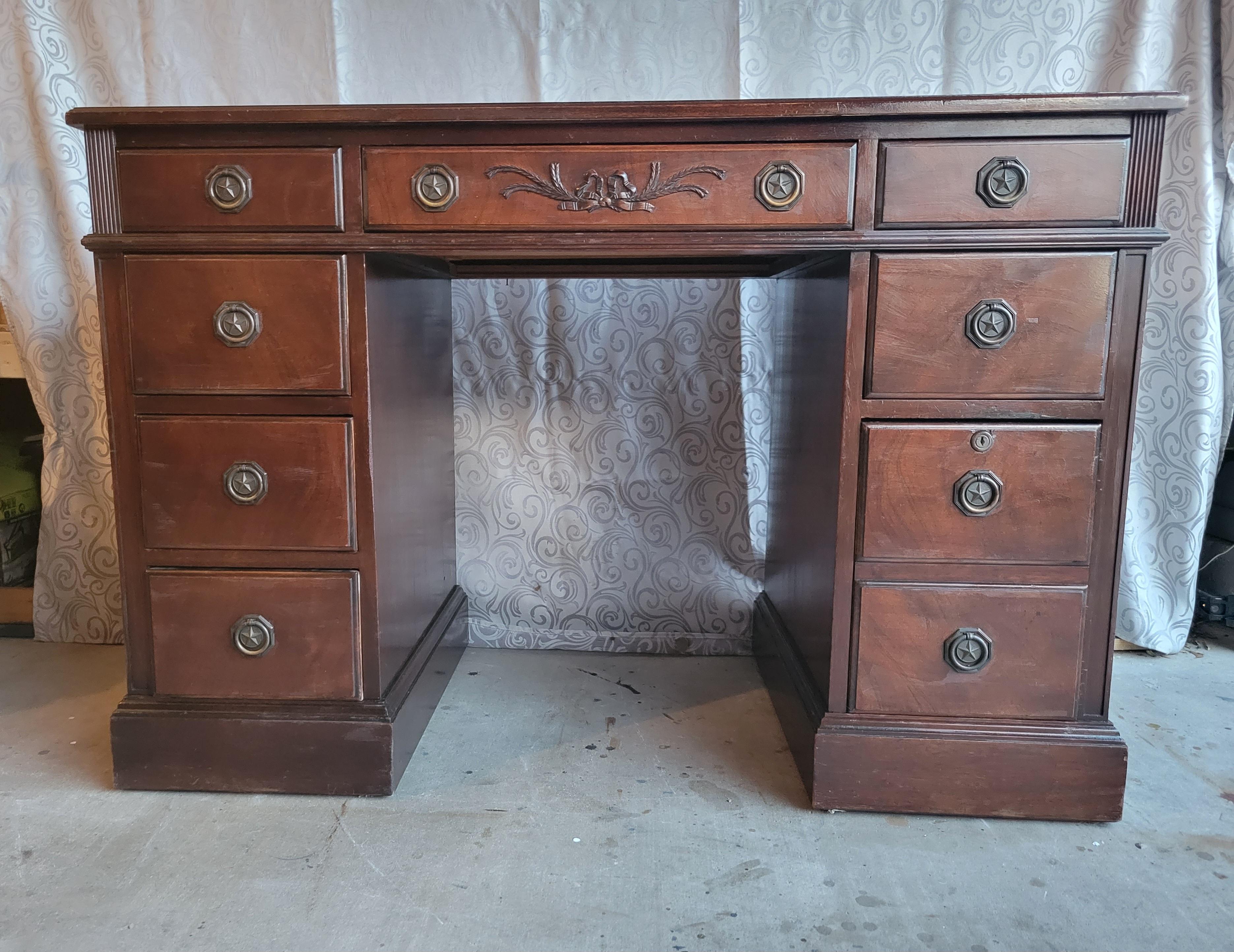 Genuine Mahogany Writing Desk with 8 Drawers For Sale 1