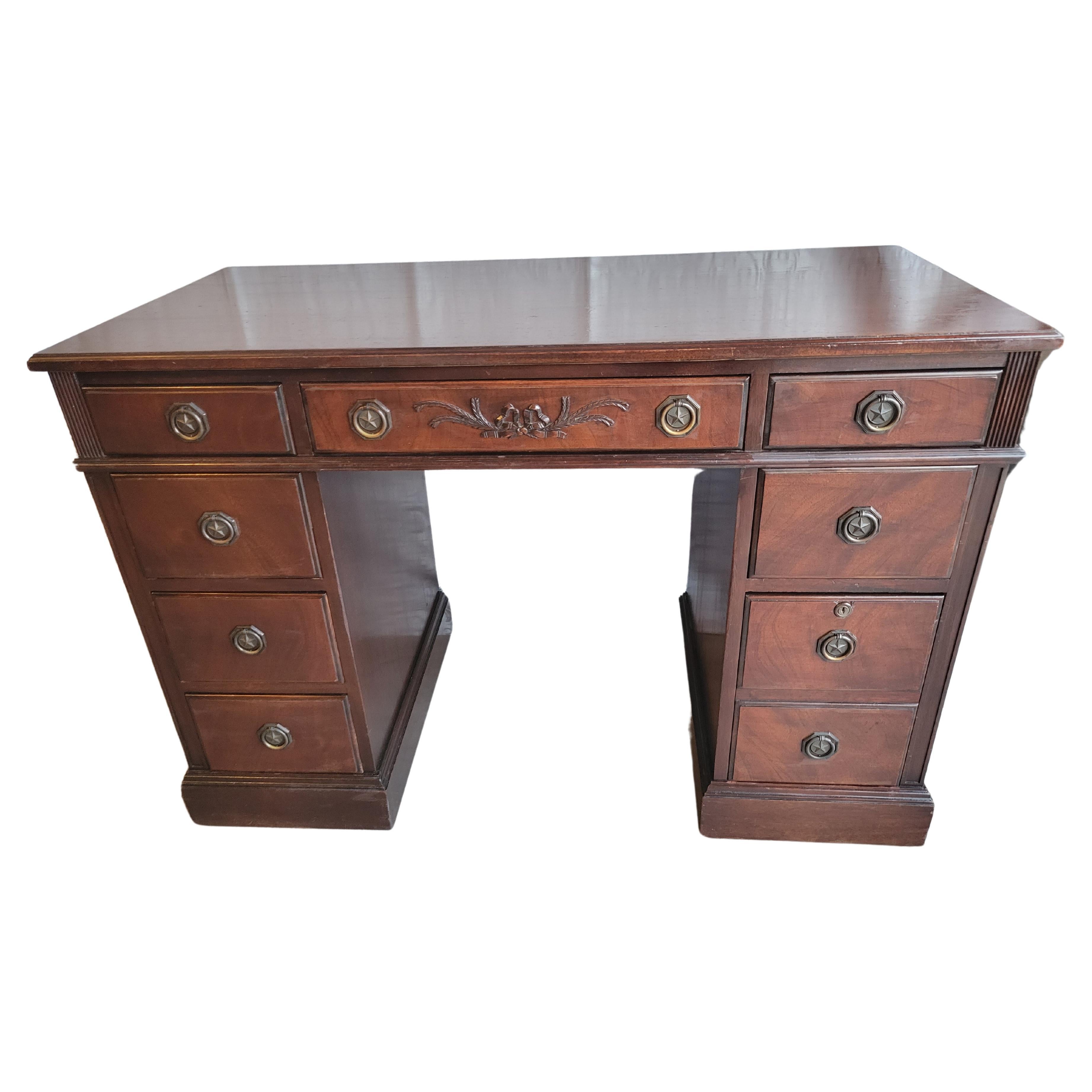Genuine Mahogany Writing Desk with 8 Drawers For Sale