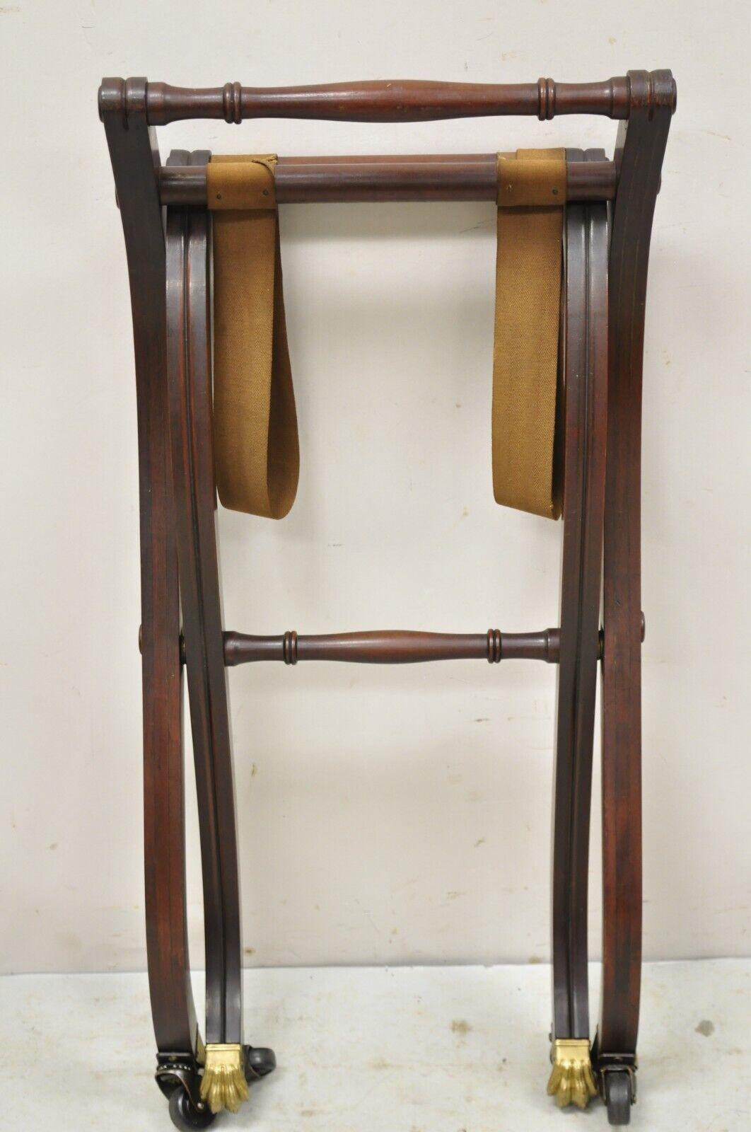 Vintage Mahogany Folding Luggage Rack Stand Rolling Brass Claw Feet Empire Style 5