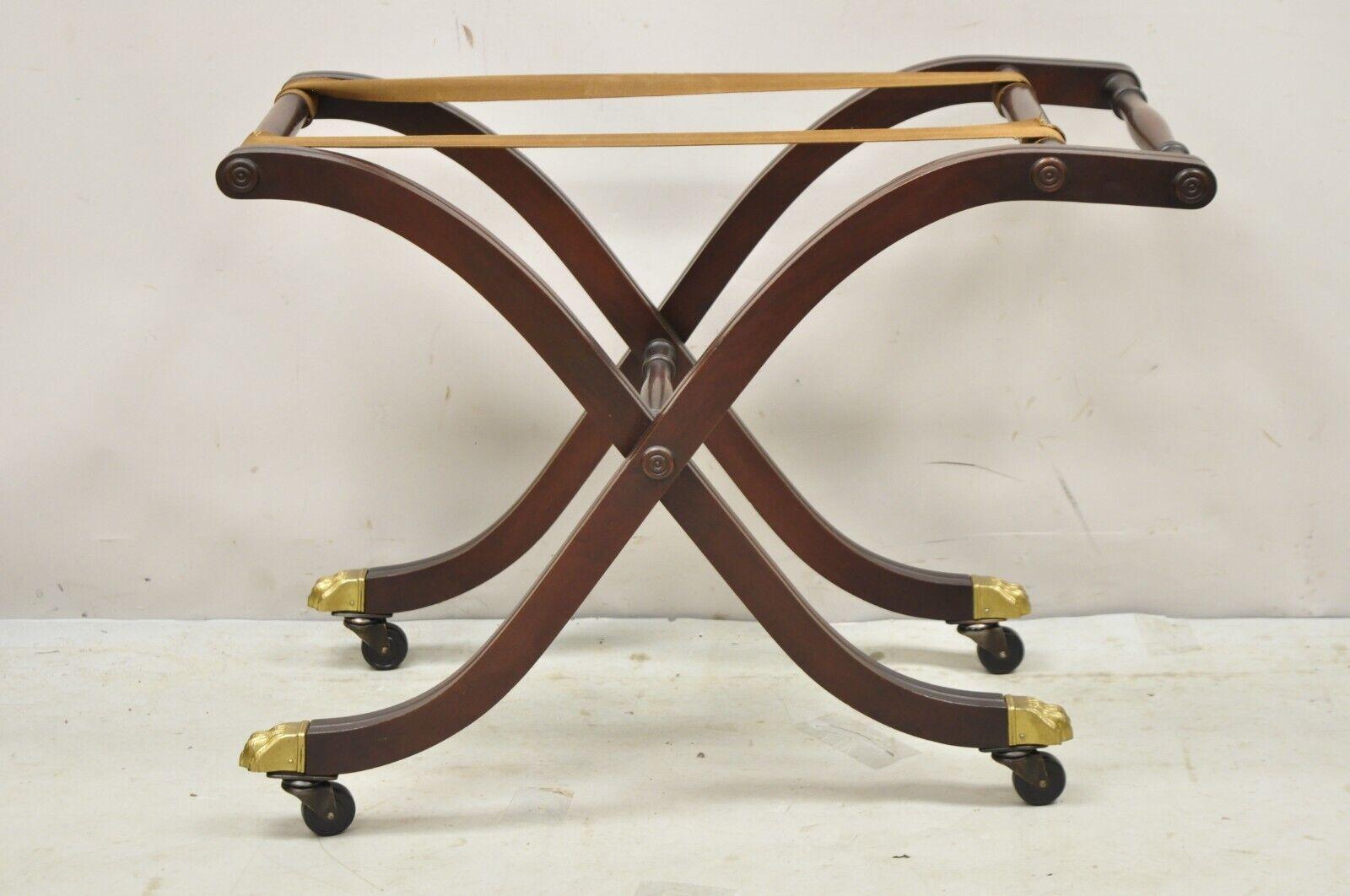 Vintage Mahogany Folding Luggage Rack Stand Rolling Brass Claw Feet Empire Style 6