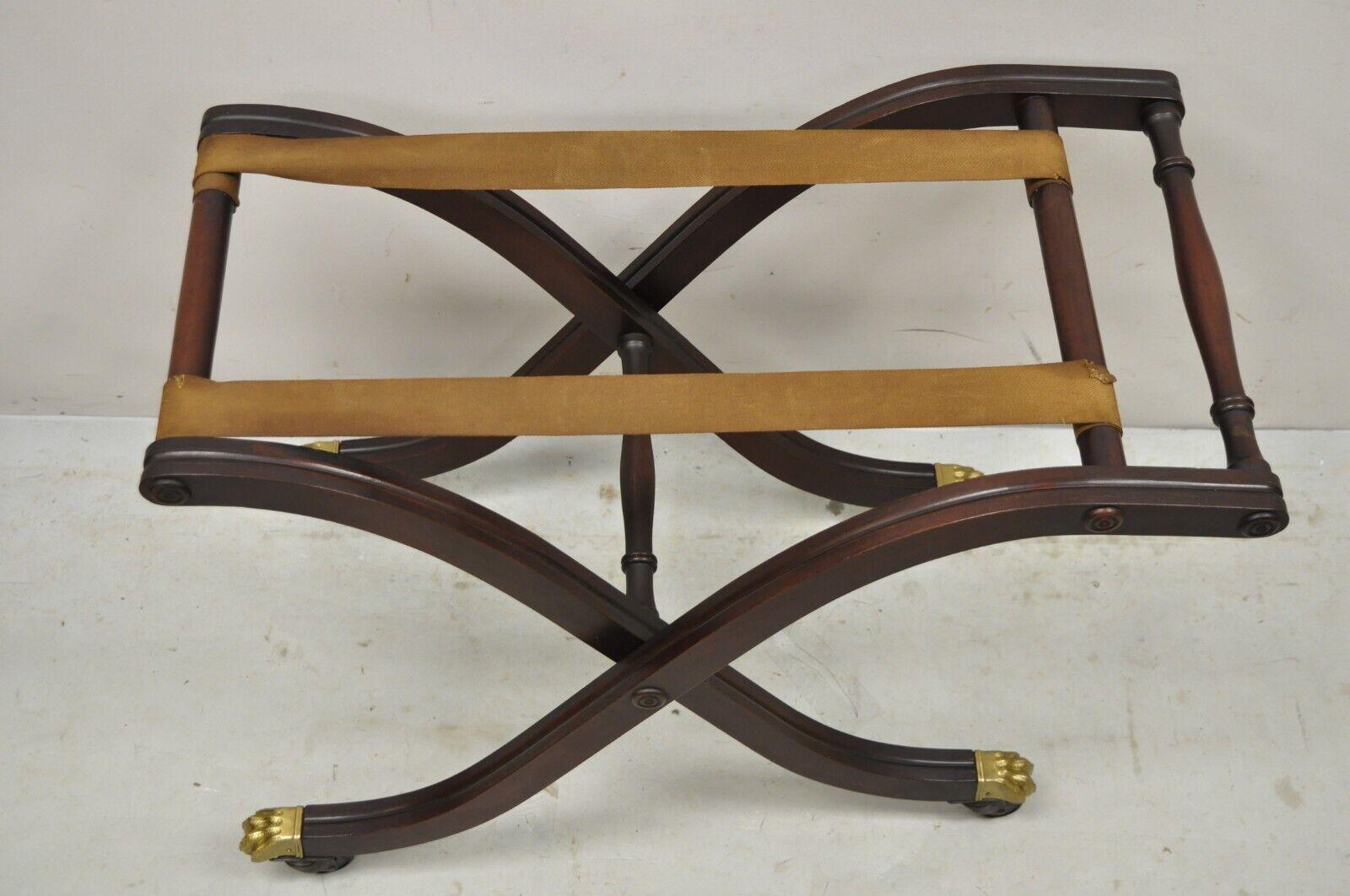 Regency Vintage Mahogany Folding Luggage Rack Stand Rolling Brass Claw Feet Empire Style
