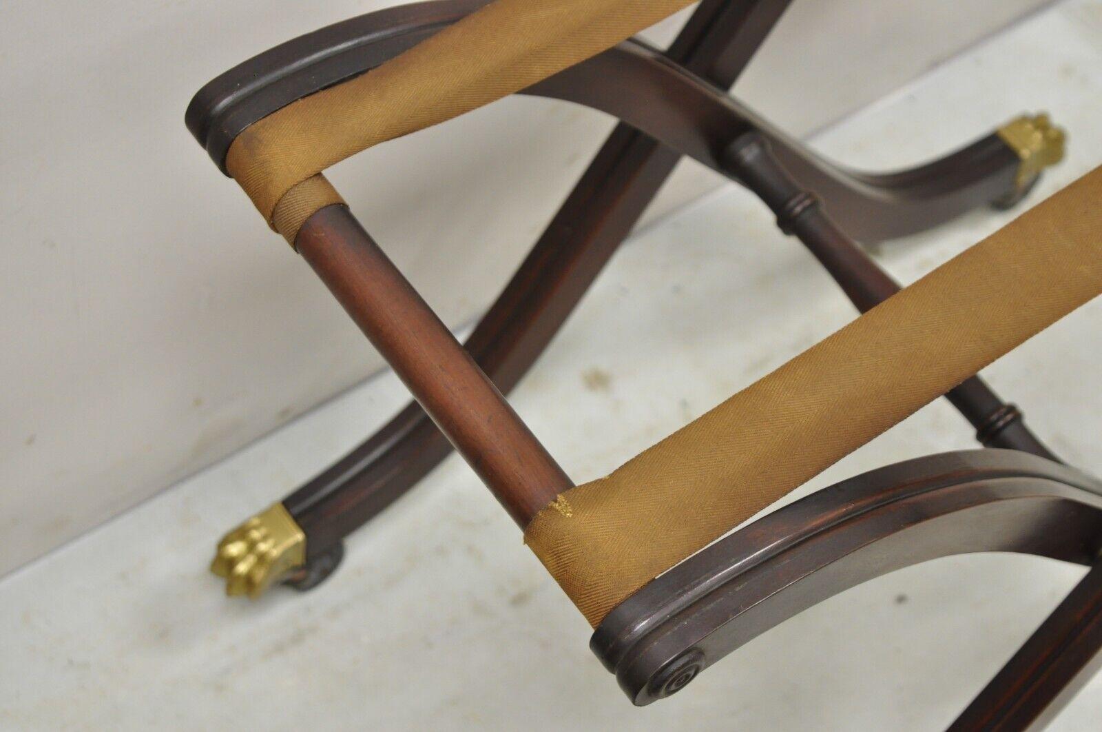 Vintage Mahogany Folding Luggage Rack Stand Rolling Brass Claw Feet Empire Style 1