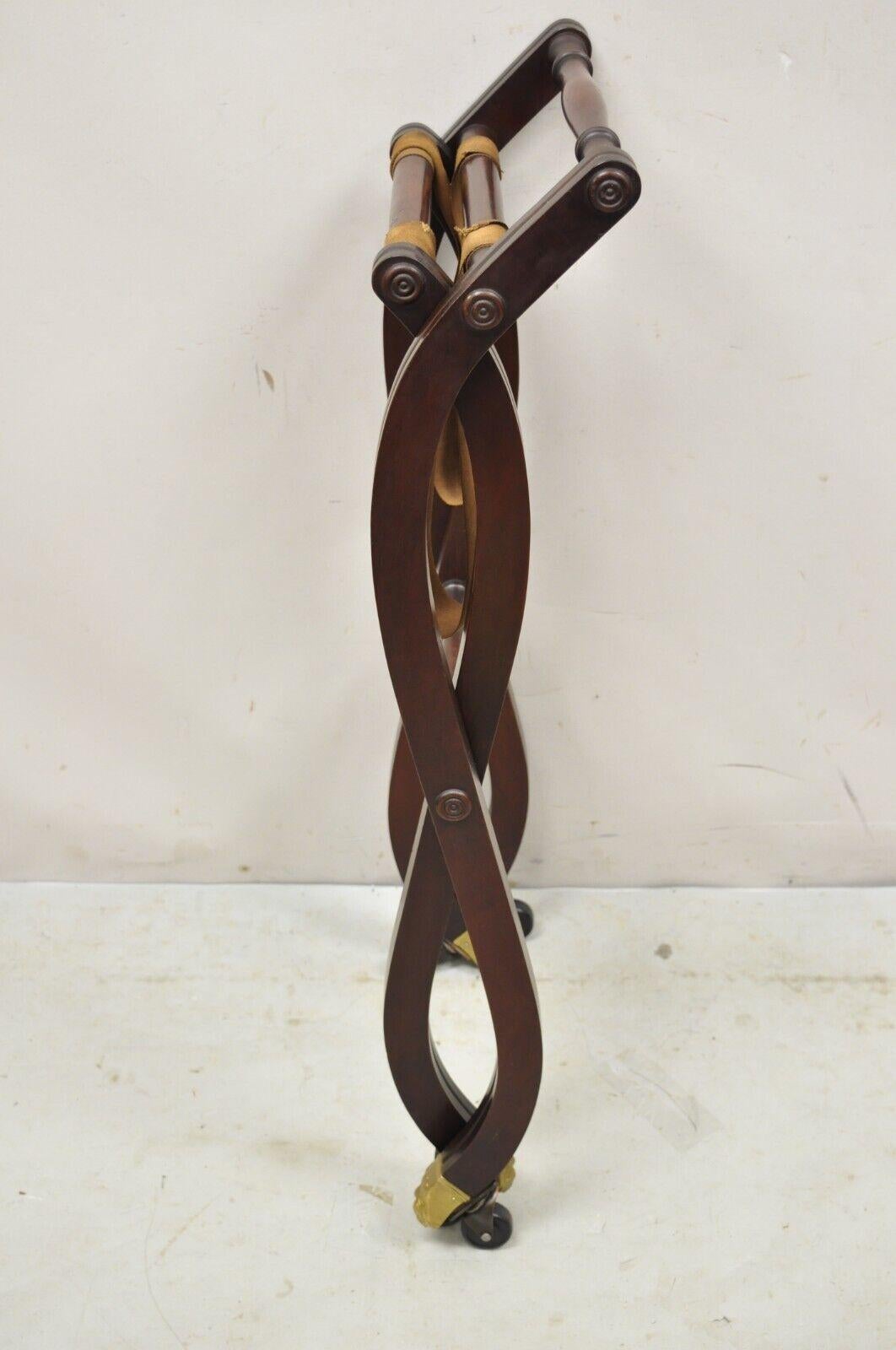 Vintage Mahogany Folding Luggage Rack Stand Rolling Brass Claw Feet Empire Style 4