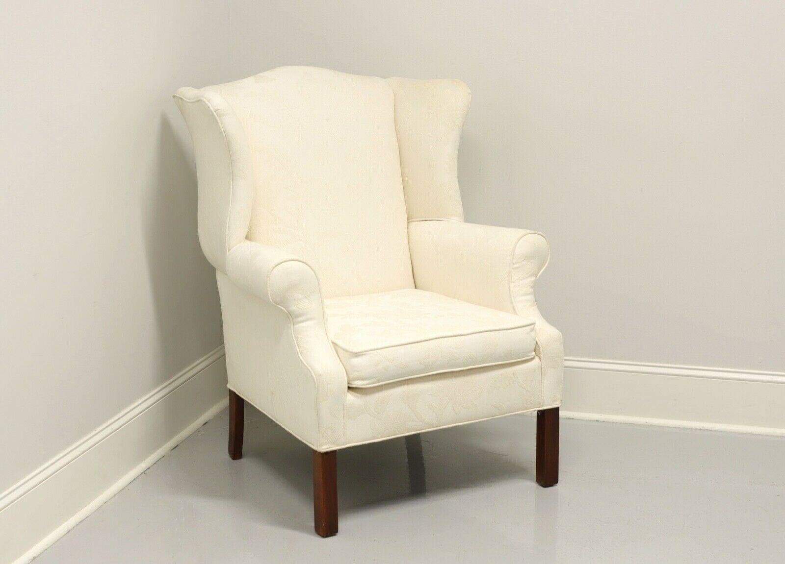 Vintage Mahogany Frame Chippendale Style Wing Back Chair in Neutral Fabric 2