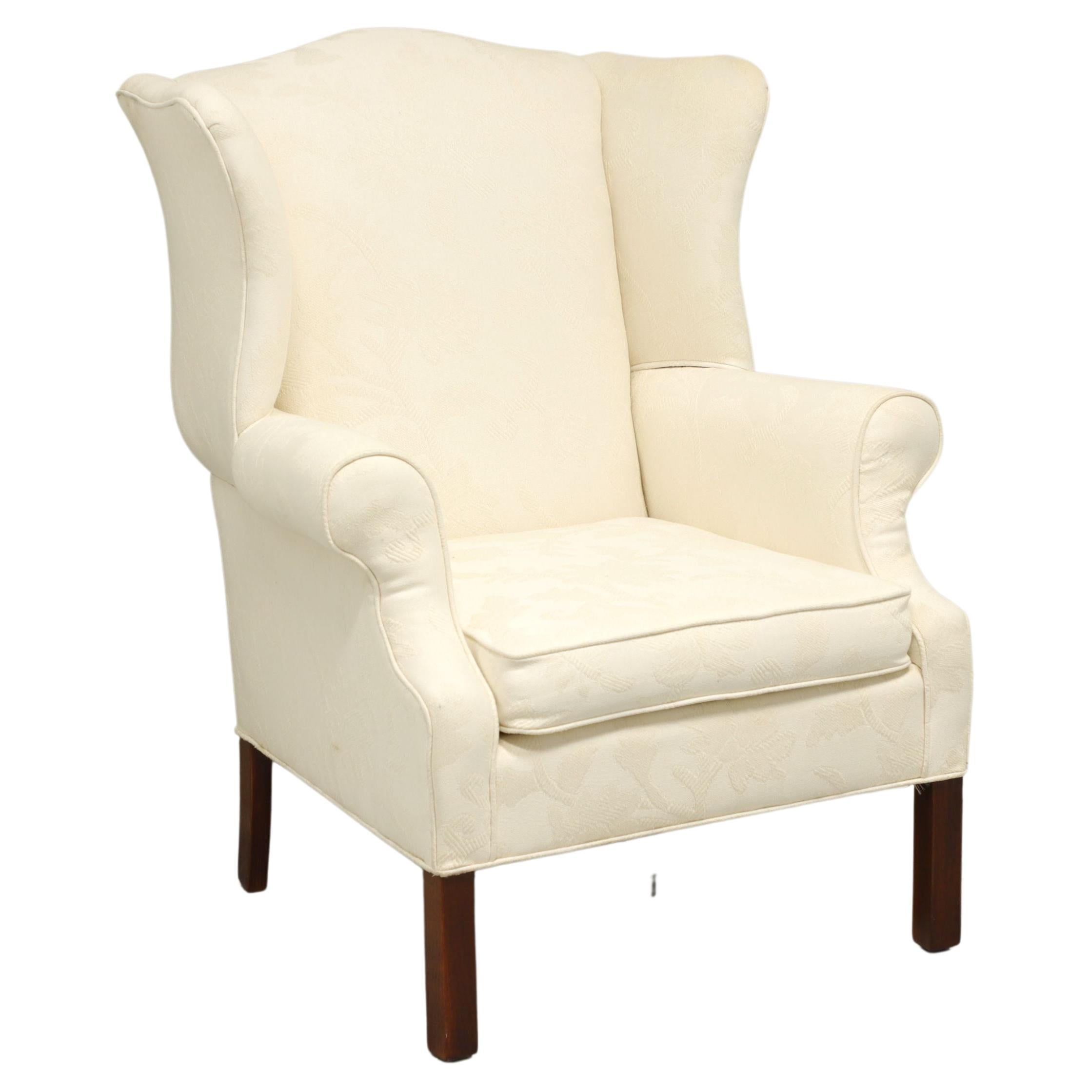 Vintage Mahogany Frame Chippendale Style Wing Back Chair in Neutral Fabric