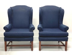 Vintage Mahogany Frame Chippendale Style Wing Back Chairs in Navy - Pair
