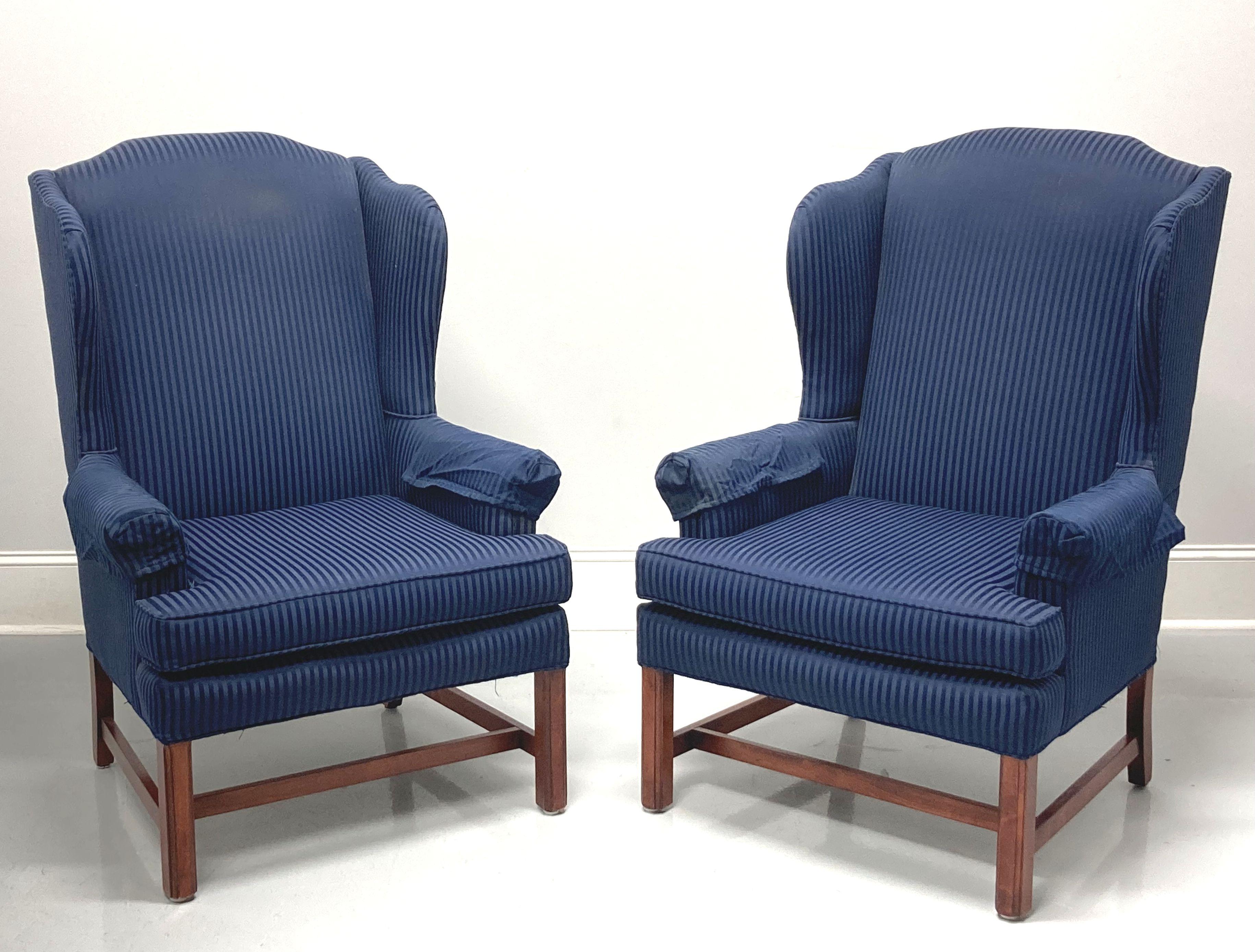 Vintage Mahogany Frame Chippendale Style Wing Back Chairs in Navy - Pair For Sale 2