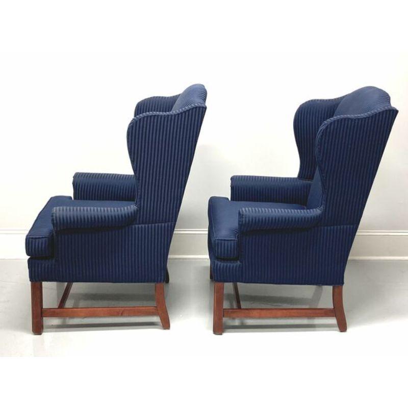 American Vintage Mahogany Frame Chippendale Style Wing Back Chairs in Navy - Pair For Sale