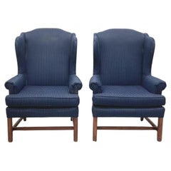 Vintage Mahogany Frame Chippendale Style Wing Back Chairs in Navy, Pair