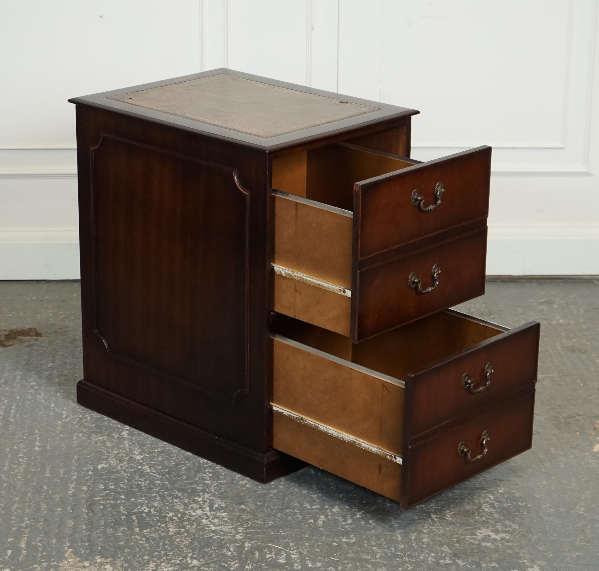 
We are delighted to offer for sale this Lovely Vintage Gold Embossed Brown Leather Top Filing Desk.

The leather top has some wear, please see this on the pictures.

A vintage mahogany gold embossed brown leather top filling cabinet is a classic
