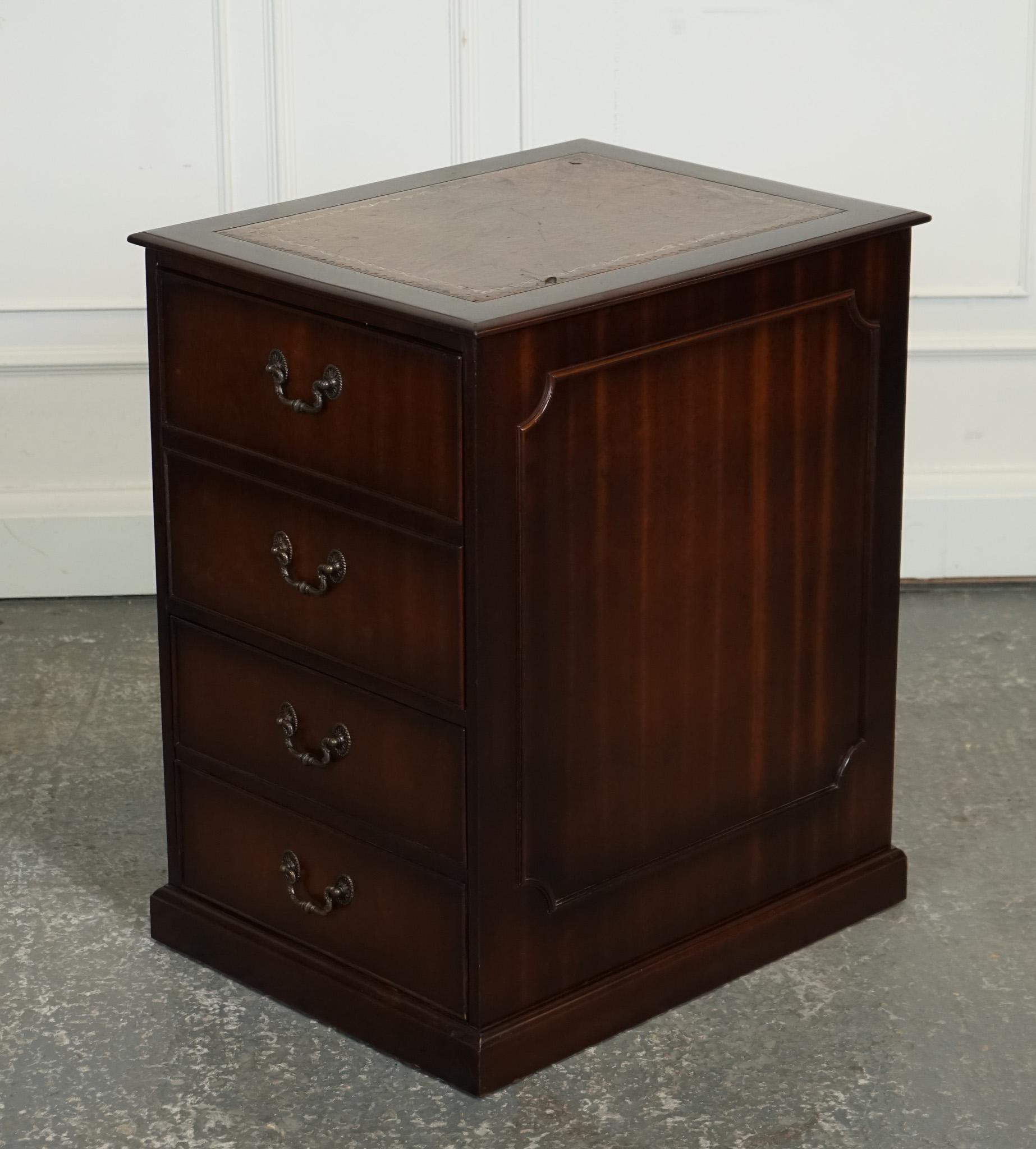 British VINTAGE MAHOGANY GOLD EMBOSSED BROWN LEATHER TOP FILLING CABiNET For Sale