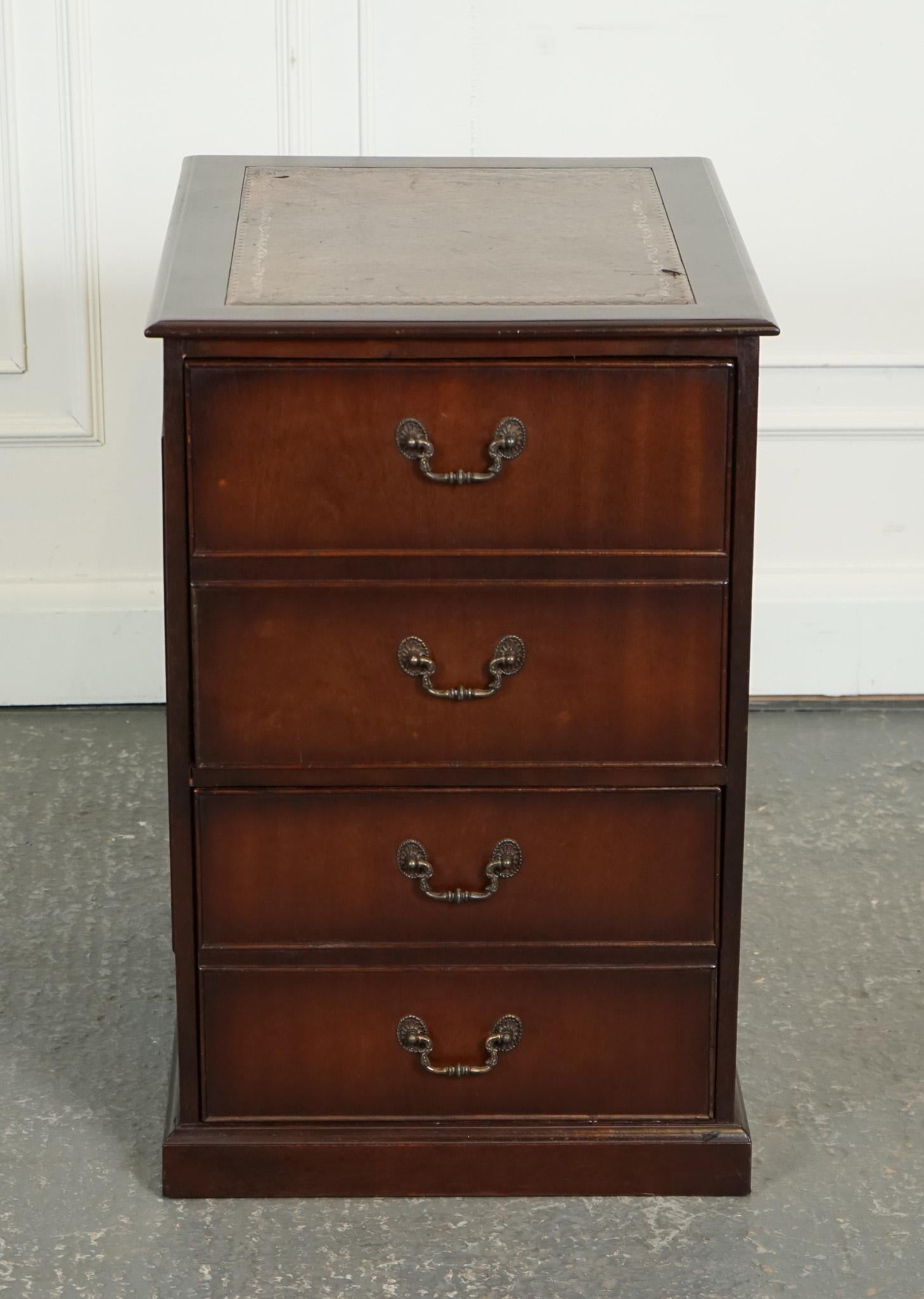 Hand-Crafted VINTAGE MAHOGANY GOLD EMBOSSED BROWN LEATHER TOP FILLING CABiNET For Sale