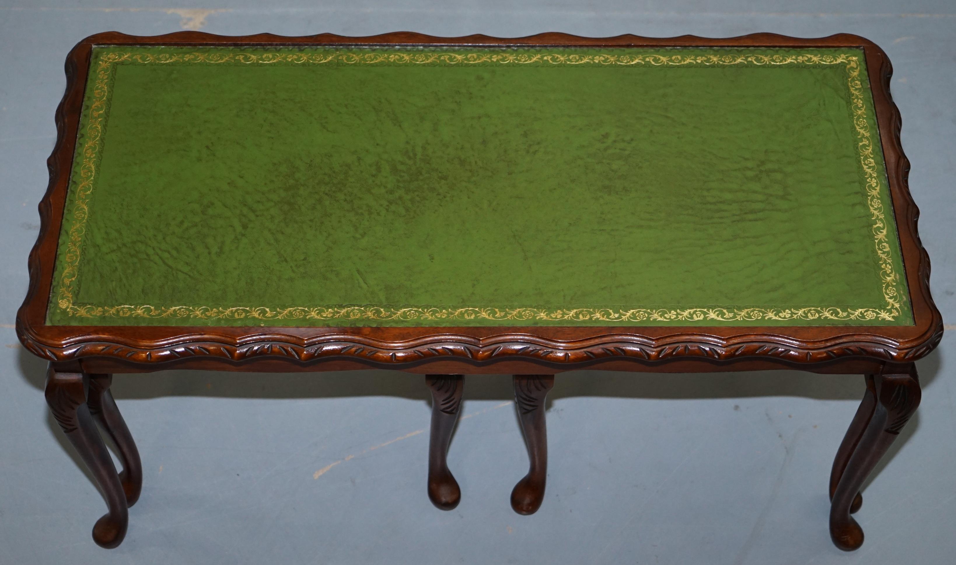 Modern Vintage Mahogany & Green Leather Topped Coffee Table Plus 2 Nest of Small Tables