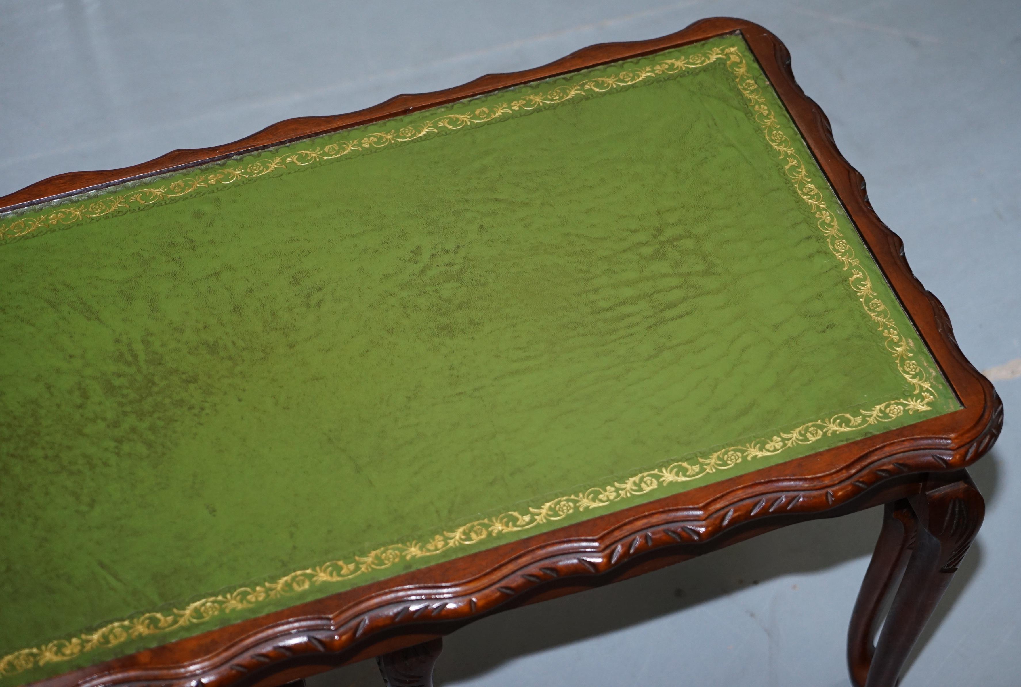 Hand-Crafted Vintage Mahogany & Green Leather Topped Coffee Table Plus 2 Nest of Small Tables