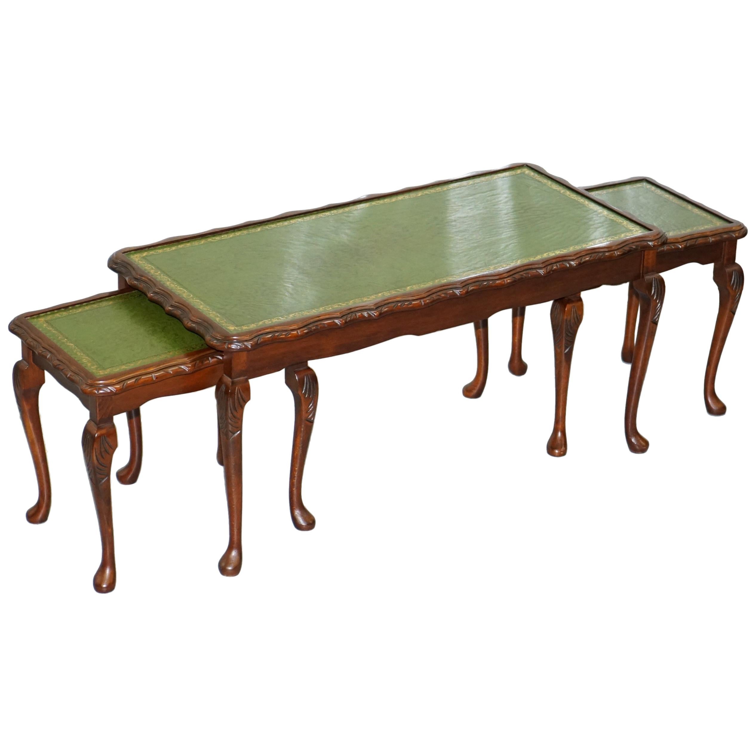 Vintage Mahogany & Green Leather Topped Coffee Table Plus 2 Nest of Small Tables