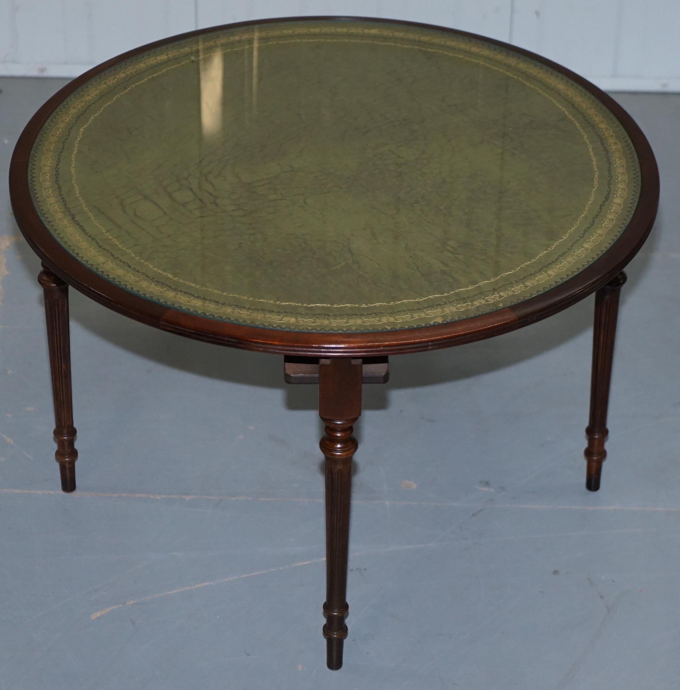 Modern Vintage Mahogany & Green Leather Topped Coffee Table Plus 4 Nest of Small Tables