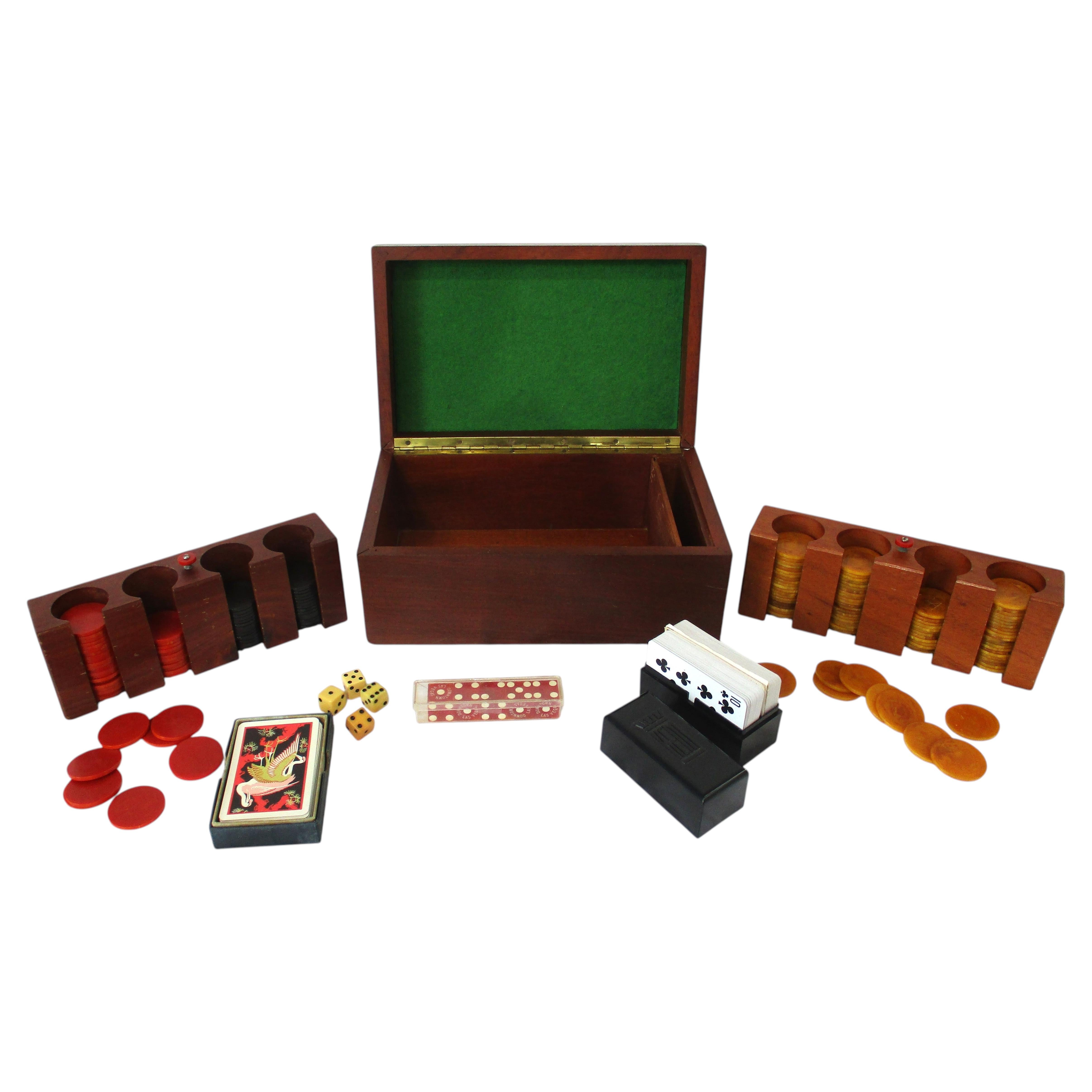 Vintage Mahogany Inlayed Gaming Box Set with Dice, Bakelite Chips and Cards