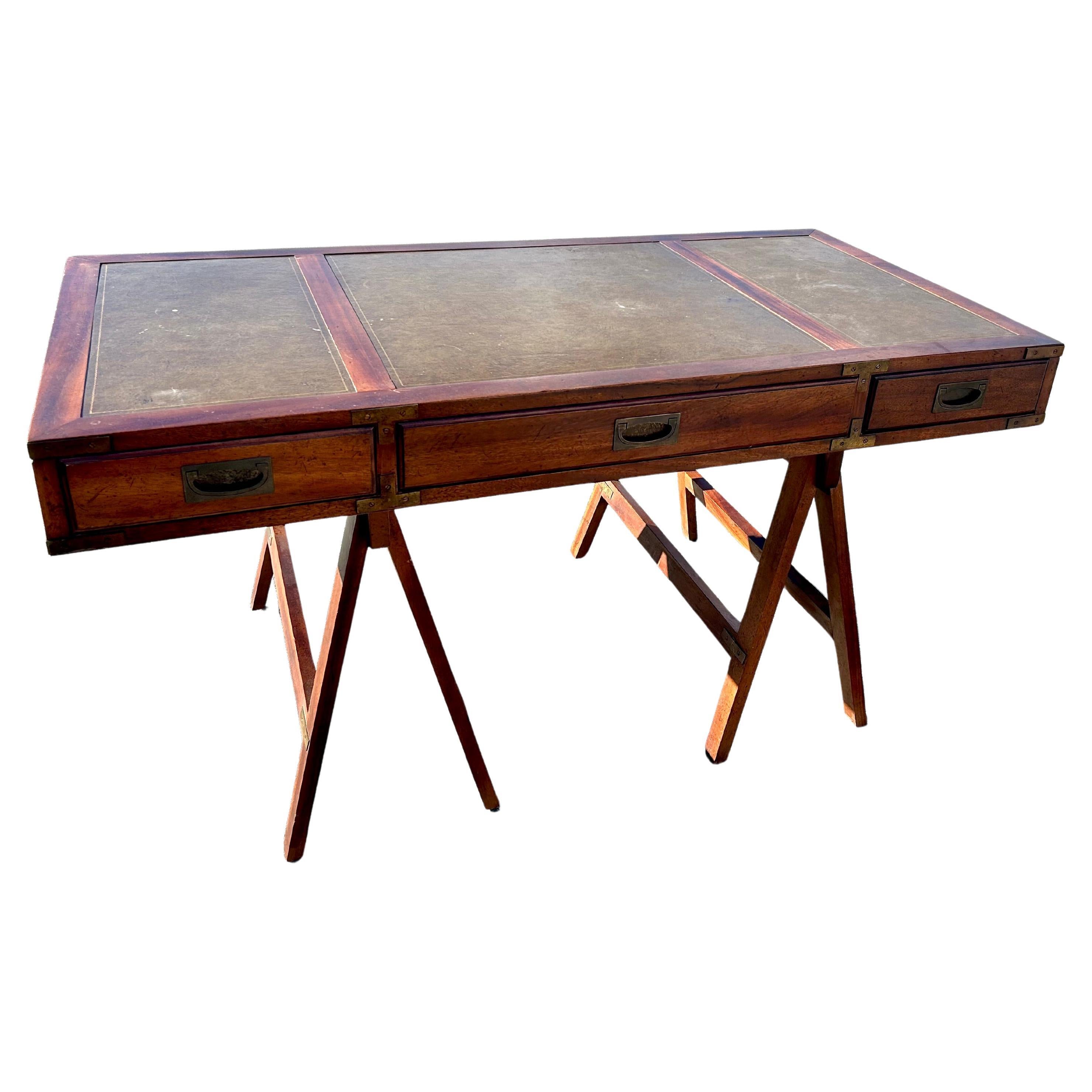 Vintage Mahogany Leather Top Saw Horse Campaign Style Desk, c.1960