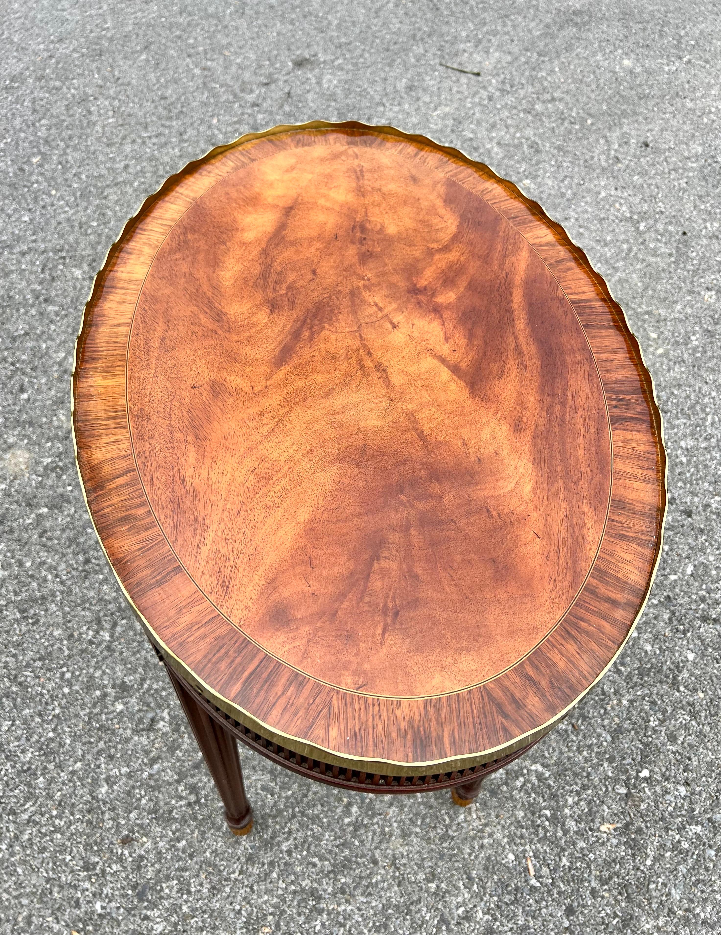 20th Century Vintage Mahogany Oval Side Table W/ Shaped Brass Gallery Made by Baker Furniture For Sale
