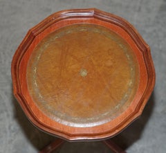 Vintage Mahogany Pie Crust Edge Brown Leather Tripod Side End Lamp Wine Table