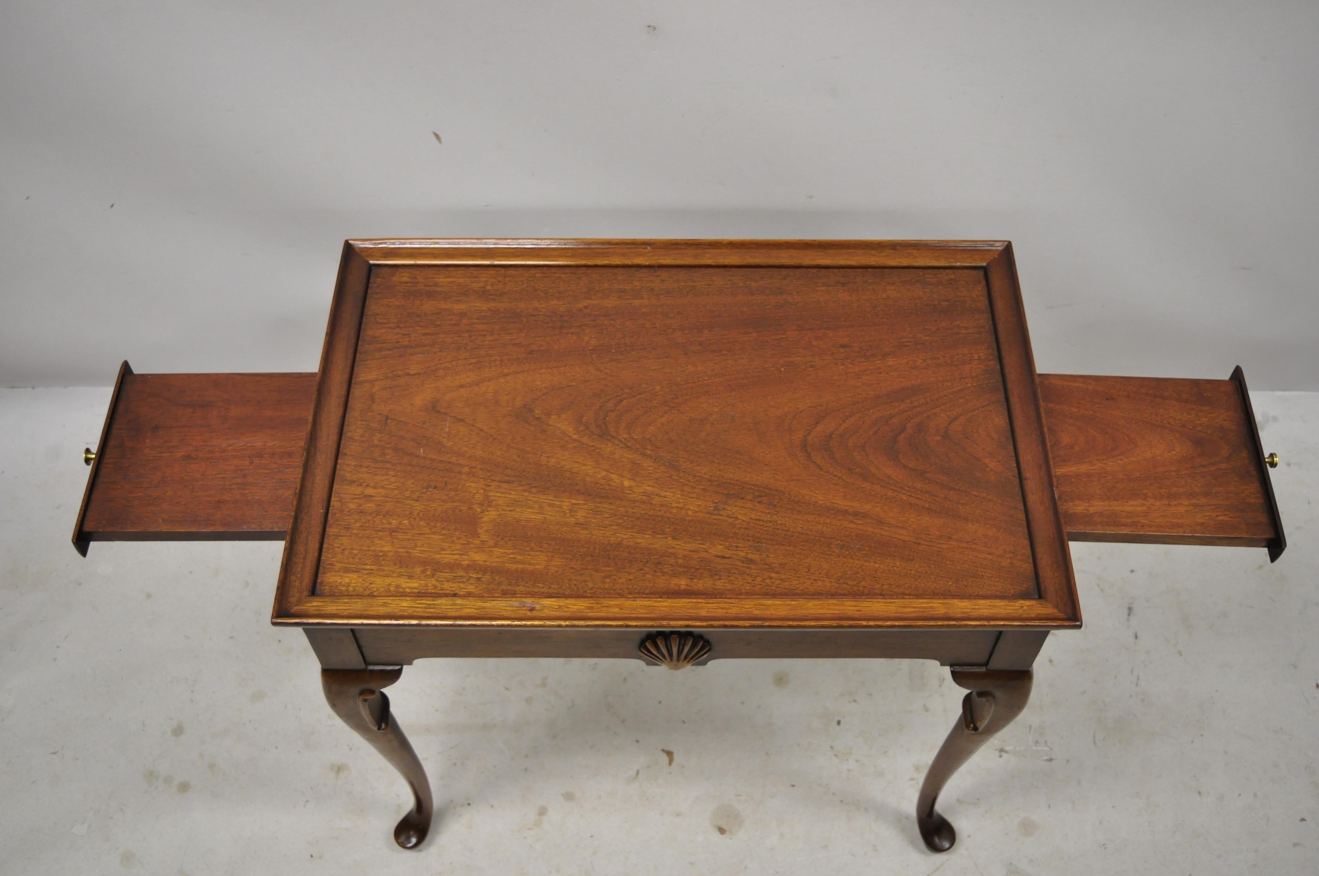 20th Century Vintage Mahogany Queen Anne Shell Carved Side Tea Table with Pull Out Sides