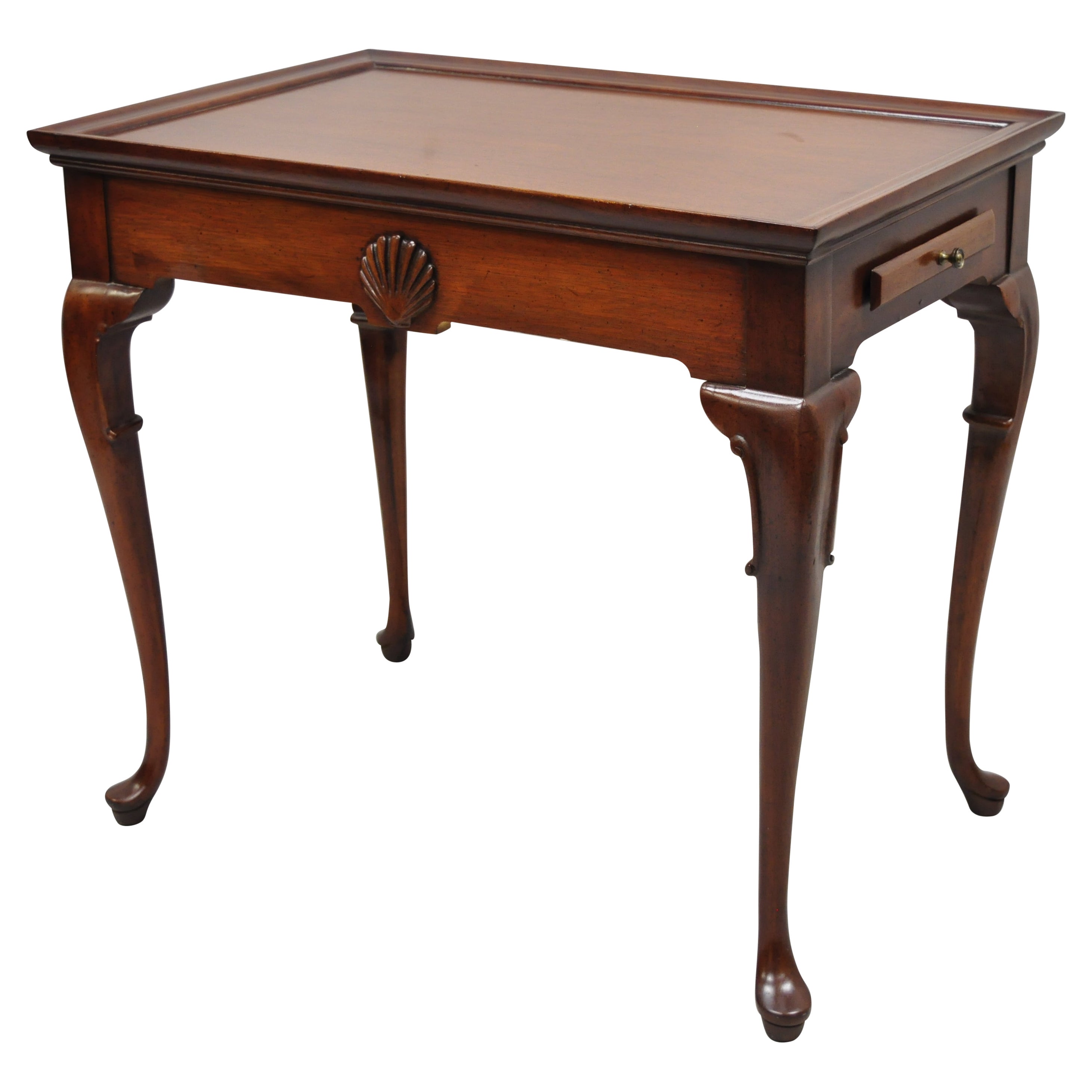 Vintage Mahogany Queen Anne Shell Carved Side Tea Table with Pull Out Sides