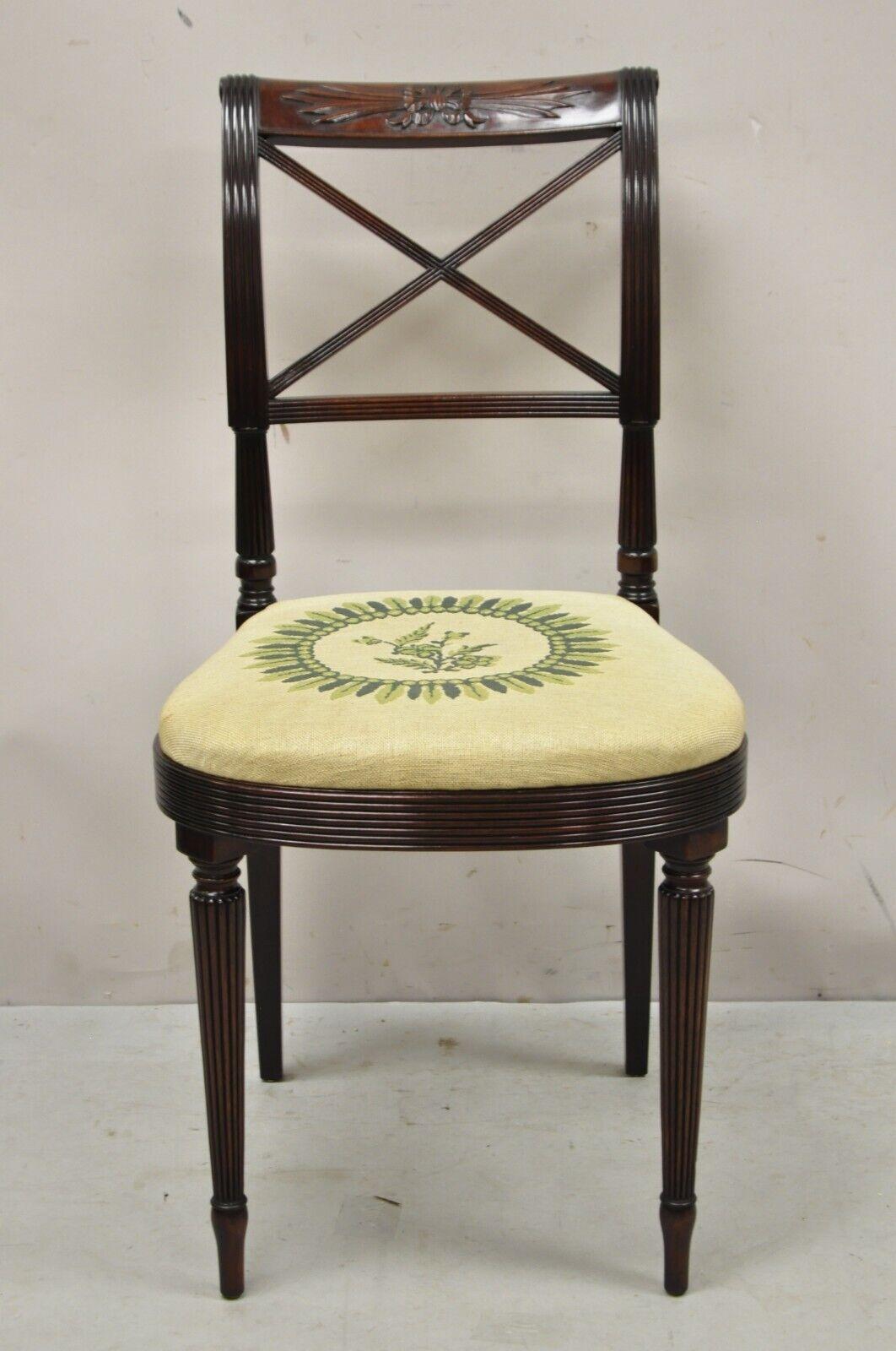 Vintage Mahogany Regency Federal Style X-Form Accent side chair. Item features a tapestry seat, ribbon carved upper rai, x-form backrest, solid wood frame, beautiful wood grain, tapered legs, very nice antique item, great style and form. Circa Early