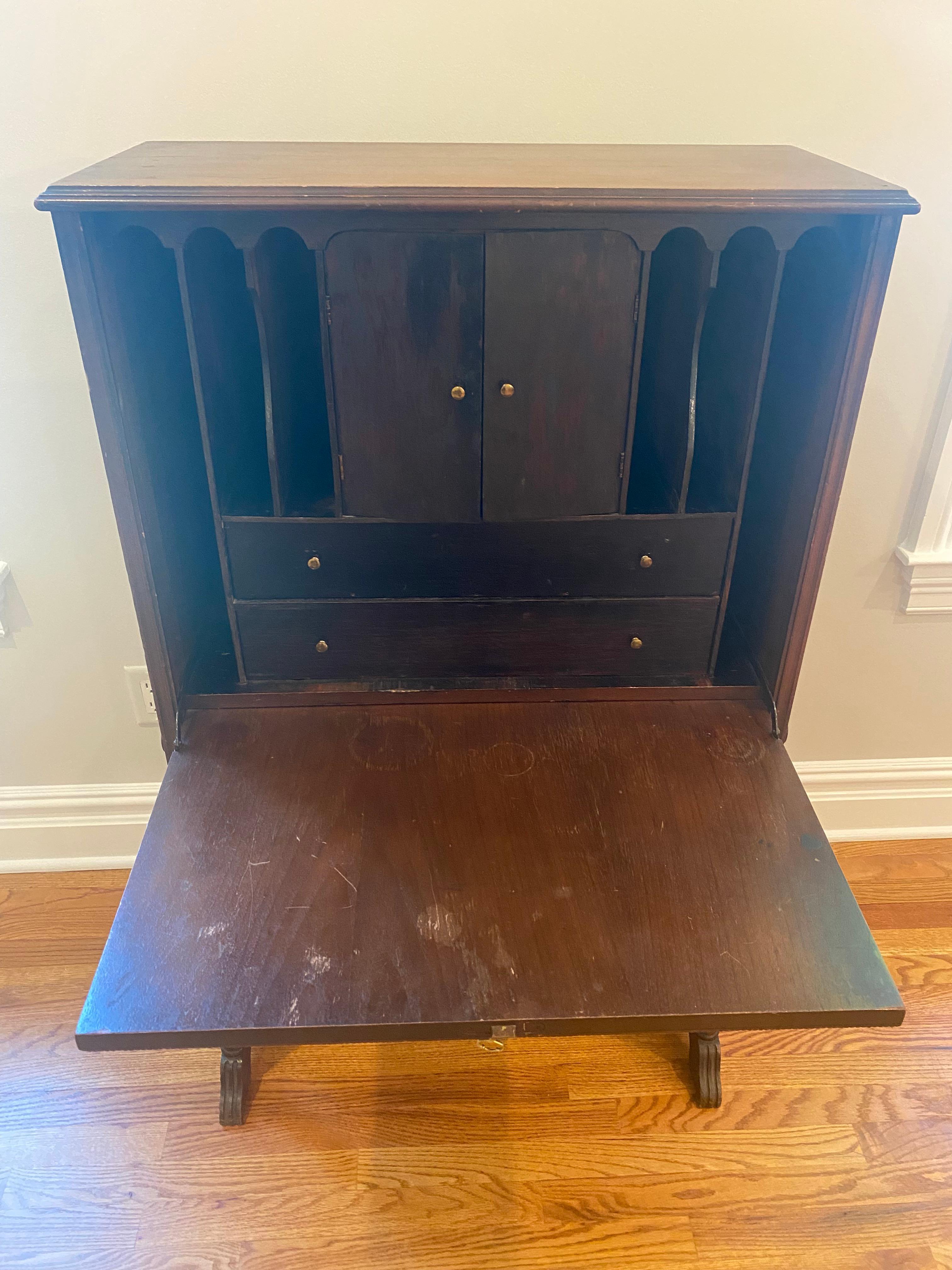Vintage Mahogany Secretary with Flip Down Desk and Storage For Sale 3
