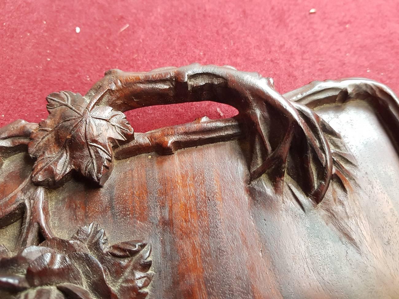 French Vintage Mahogany Serving Tray with Carvings of Leaves, Flowers Etc