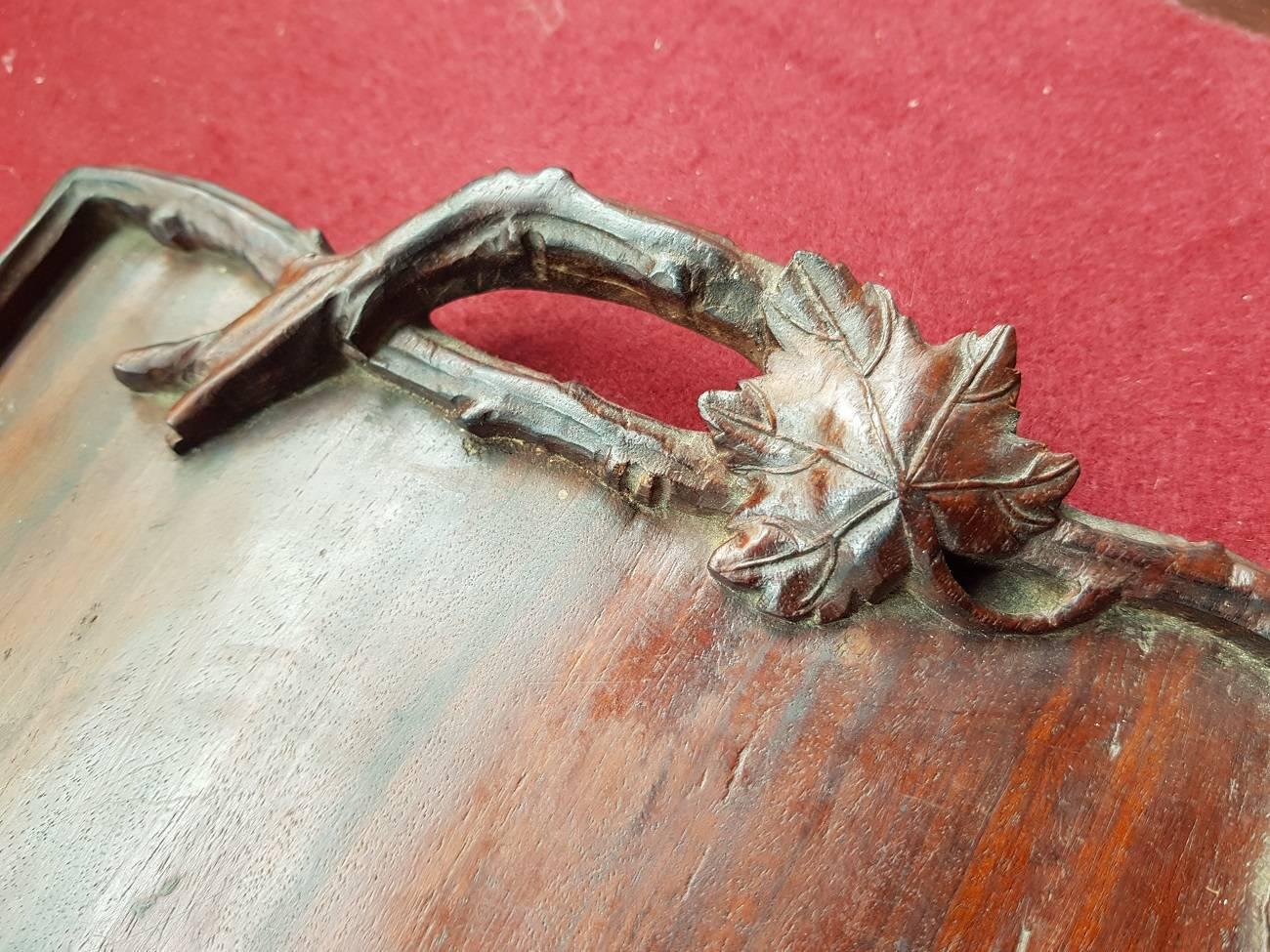 Hand-Carved Vintage Mahogany Serving Tray with Carvings of Leaves, Flowers Etc