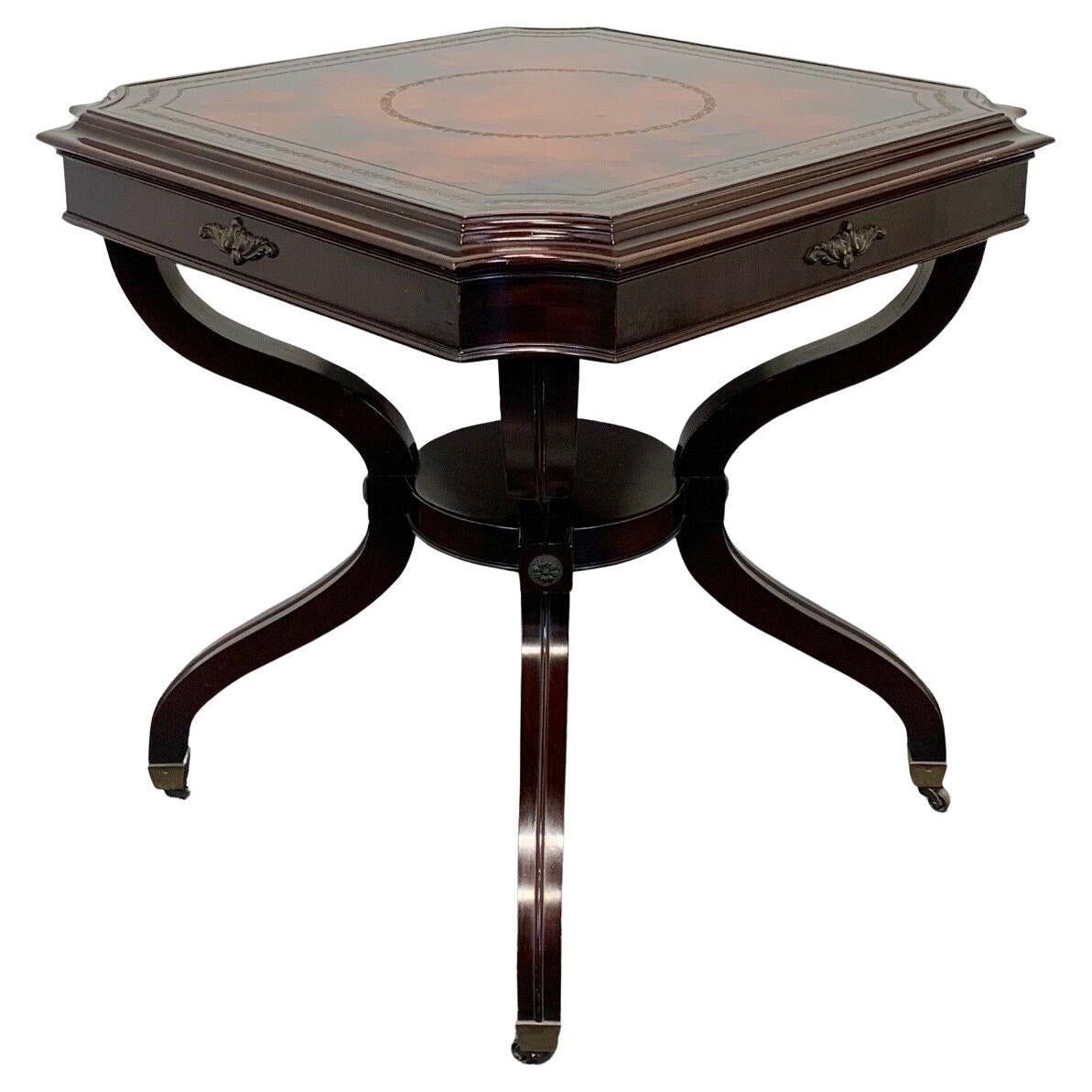 Vintage Mahogany Tooled Leather Top Federal Style Lamp Table on Casters