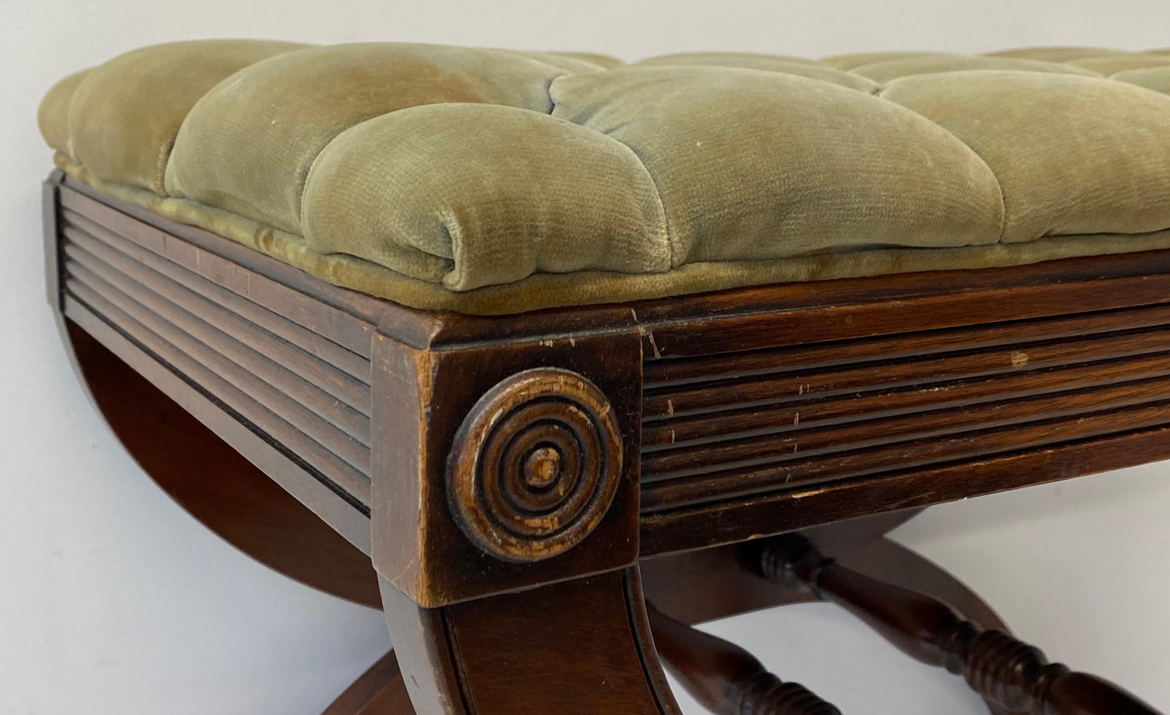 Hand-Carved Vintage Mahogany & Tufted Upholstery Crule Bench, C.1930s
