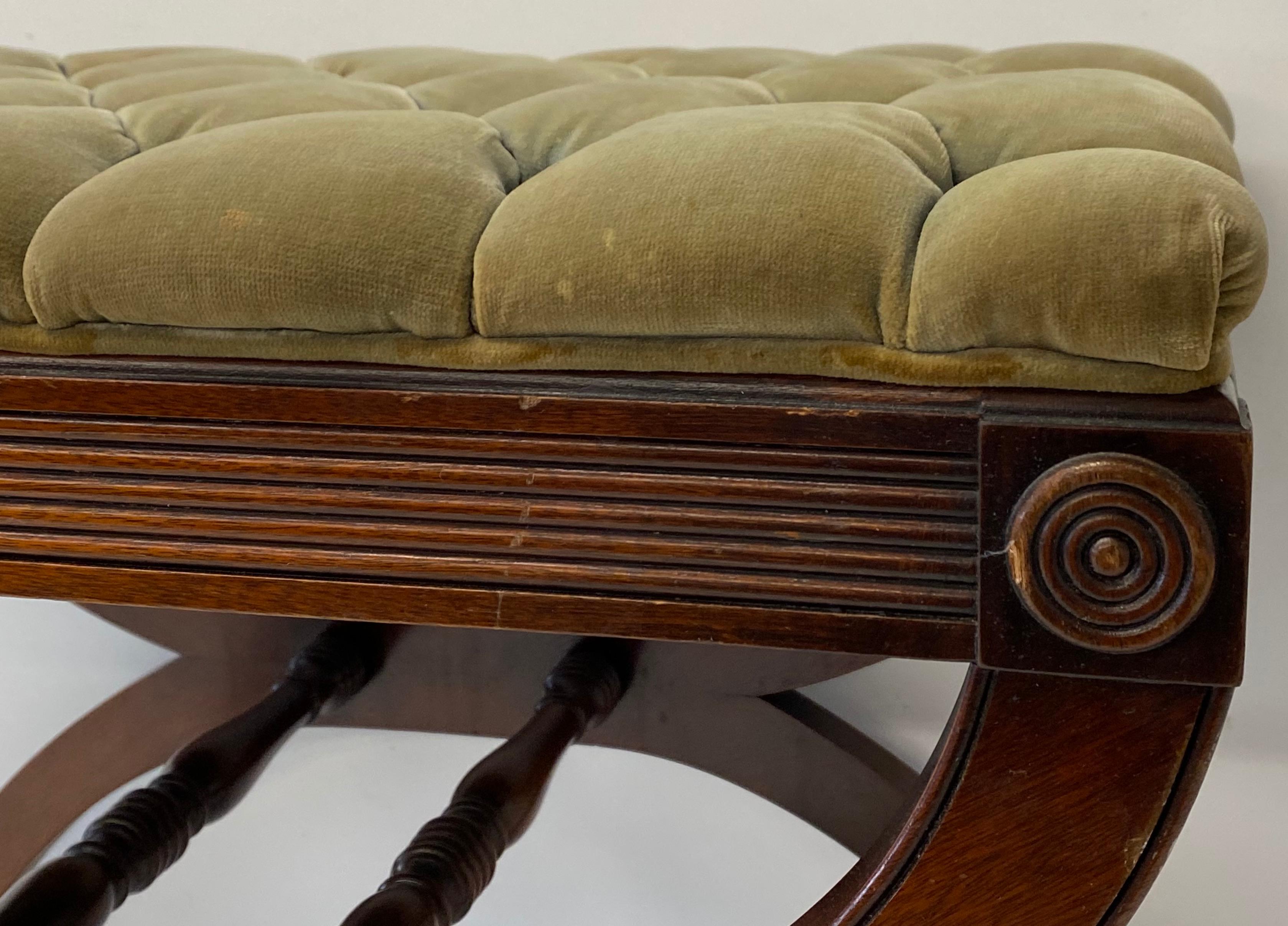 Vintage Mahogany & Tufted Upholstery Crule Bench, C.1930s In Good Condition In San Francisco, CA