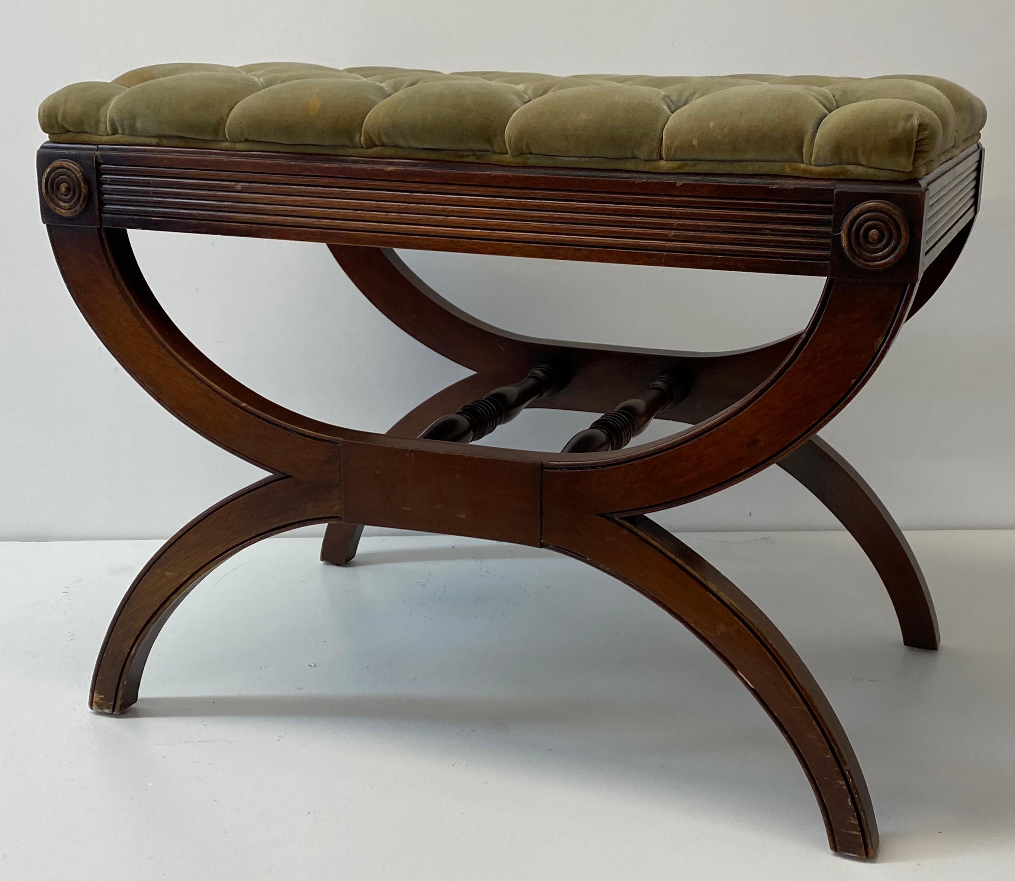 Vintage Mahogany & Tufted Upholstery Crule Bench, C.1930s 1