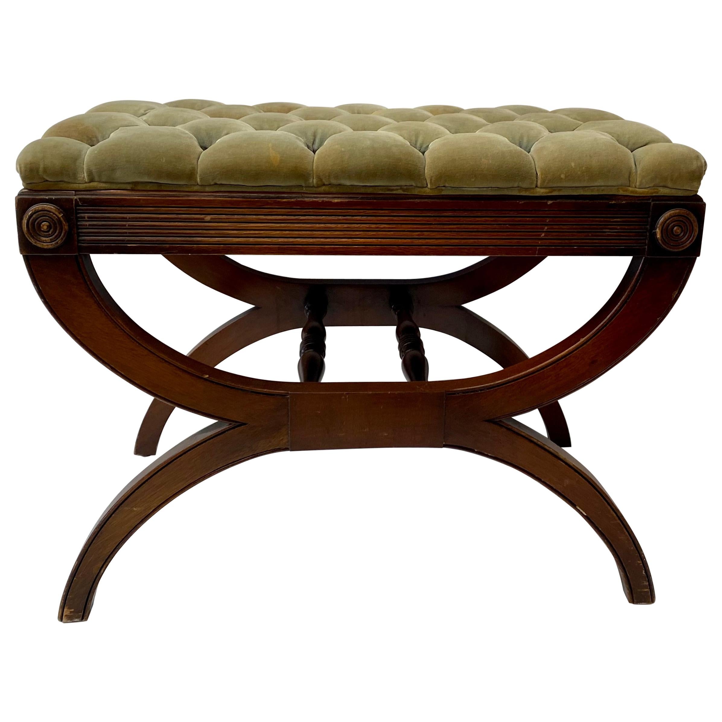 Vintage Mahogany & Tufted Upholstery Crule Bench, C.1930s