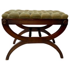 Vintage Mahogany & Tufted Upholstery Crule Bench, C.1930s
