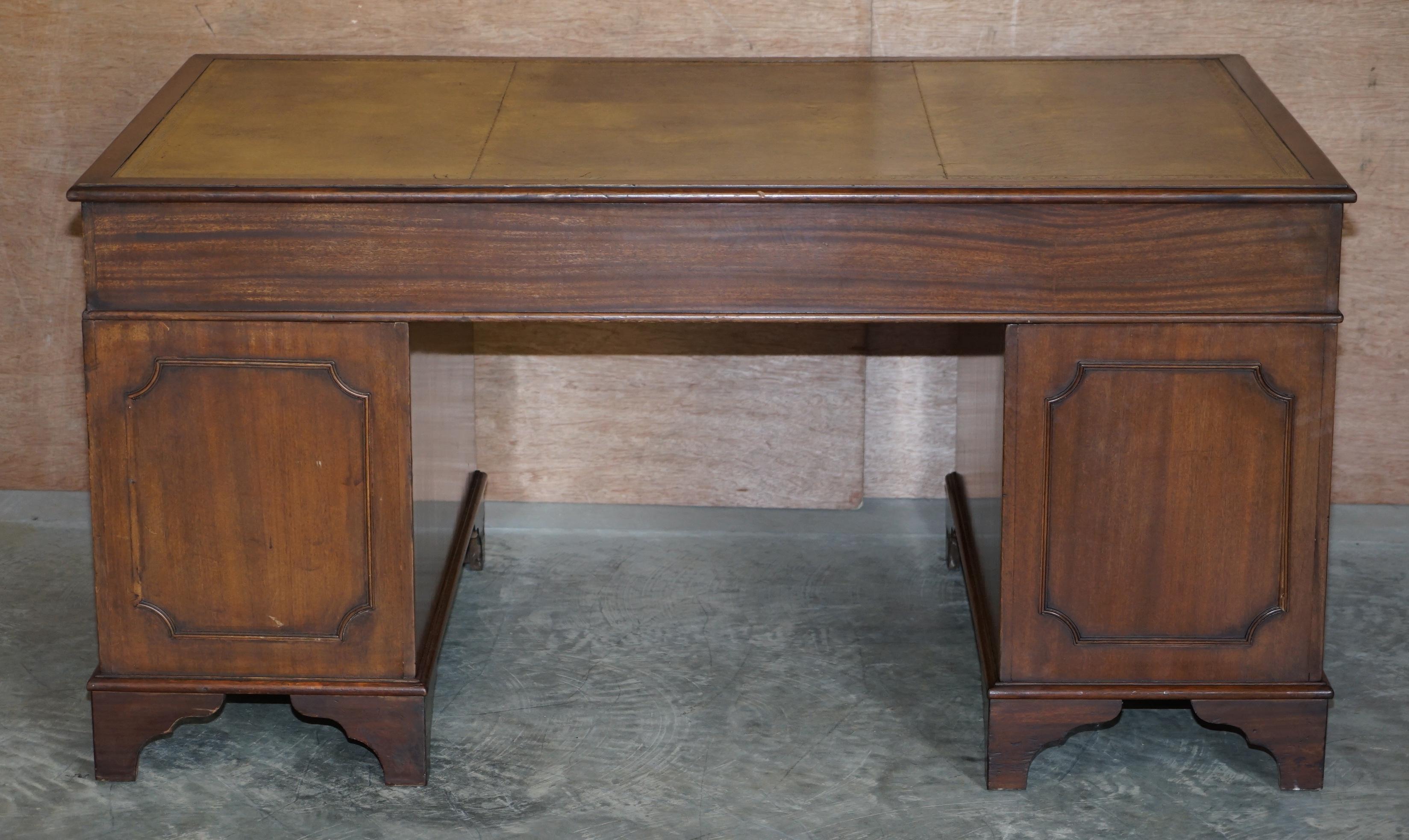 Vintage Hardwood with Green Leather Writing Surface Twin Pedestal Partner Desk 9