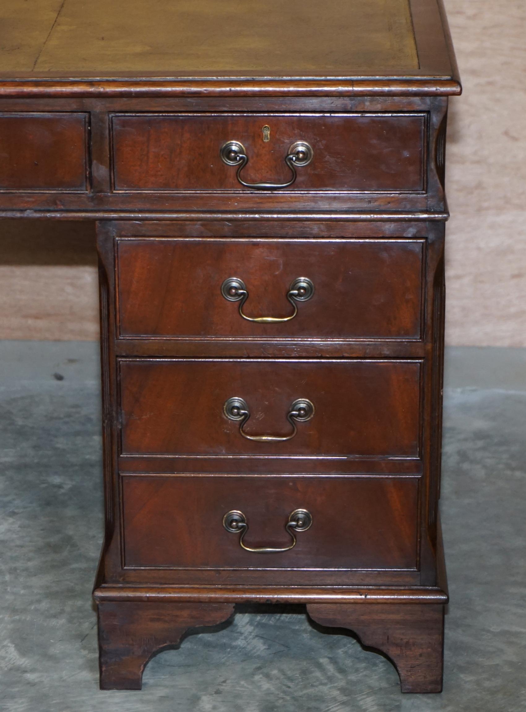 Hand-Crafted Vintage Hardwood with Green Leather Writing Surface Twin Pedestal Partner Desk