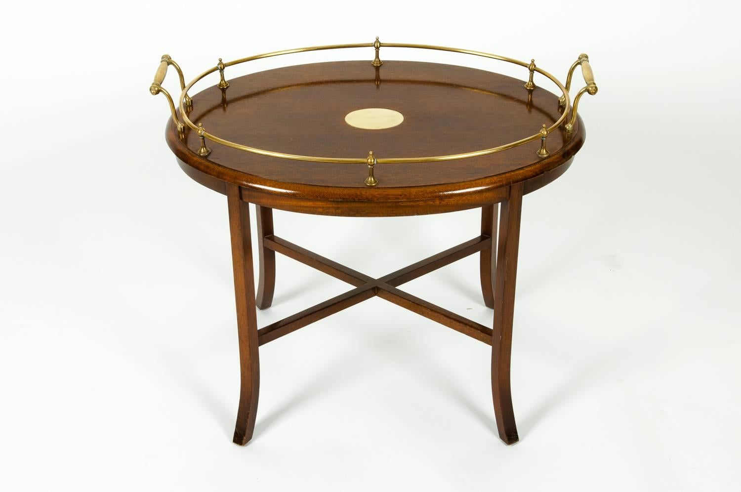 Vintage Mahogany Wood Brass Gallery Tray Top Oval Table 6