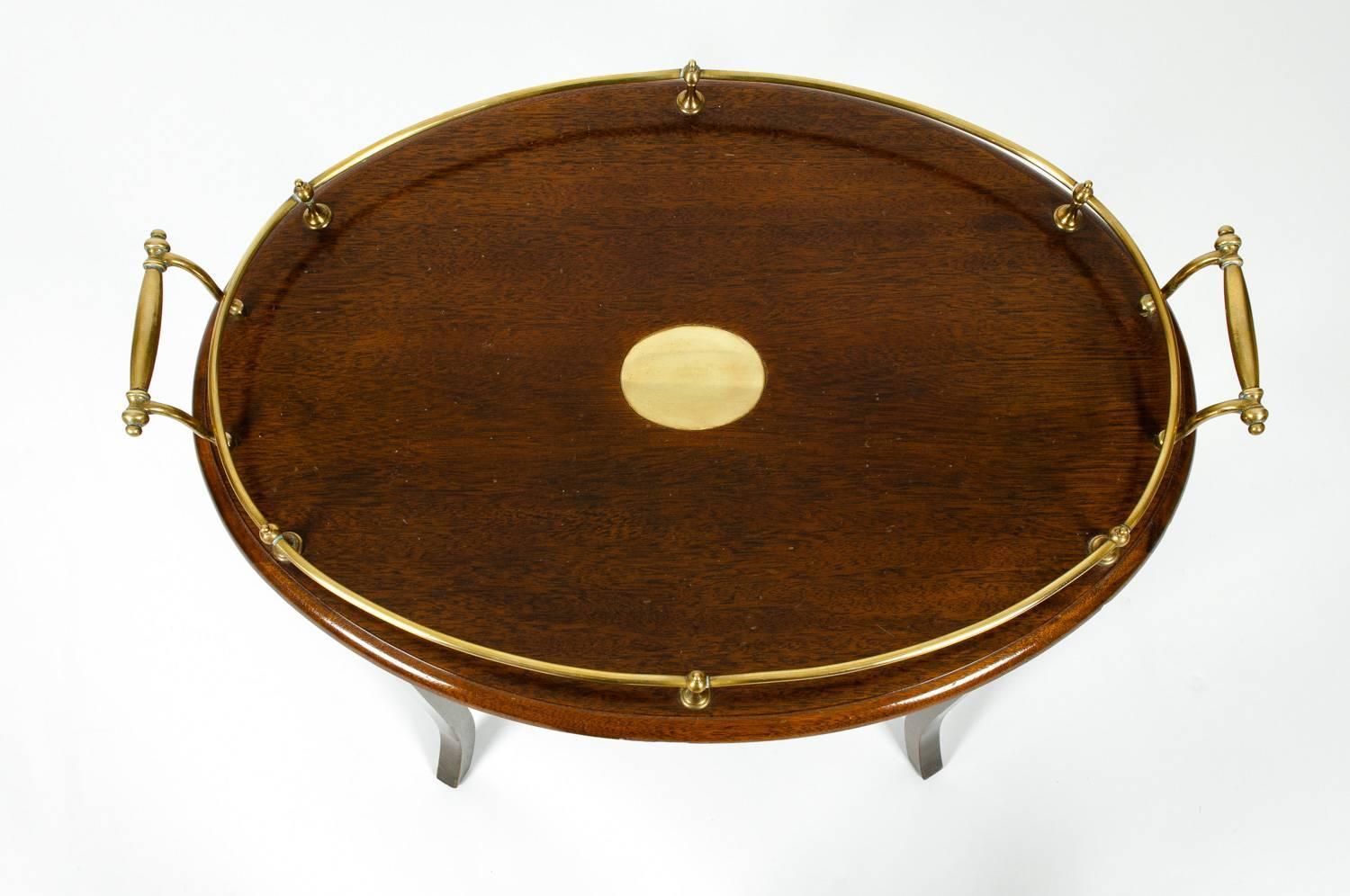 North American Vintage Mahogany Wood Brass Gallery Tray Top Oval Table