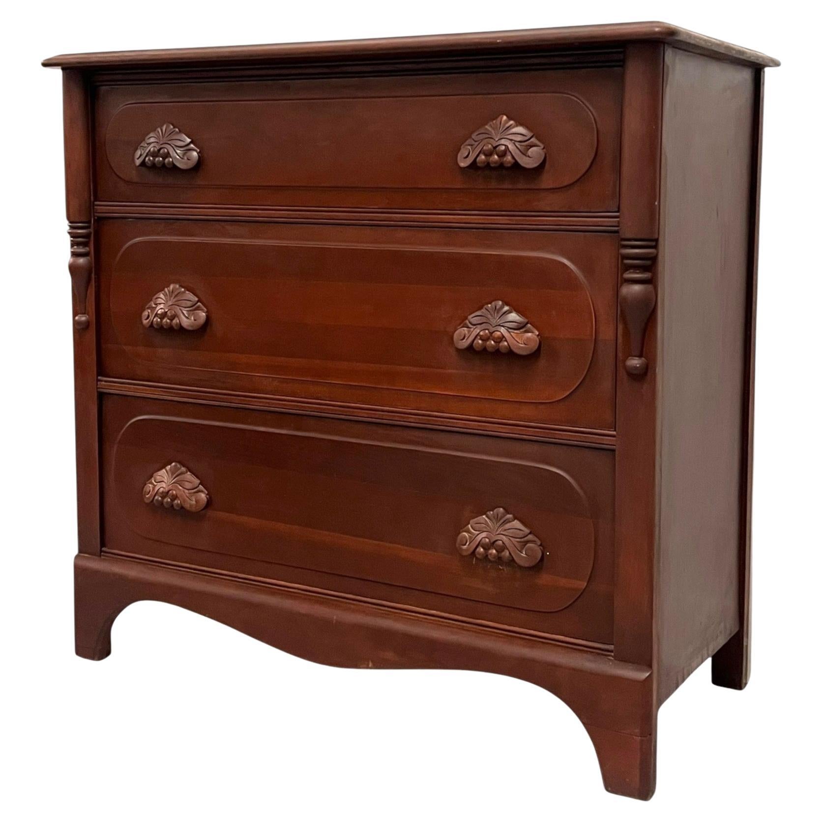 Vintage Mahogany Wood Dresser 3-Dovetailed Drawers with Solid Wood Pine handles.