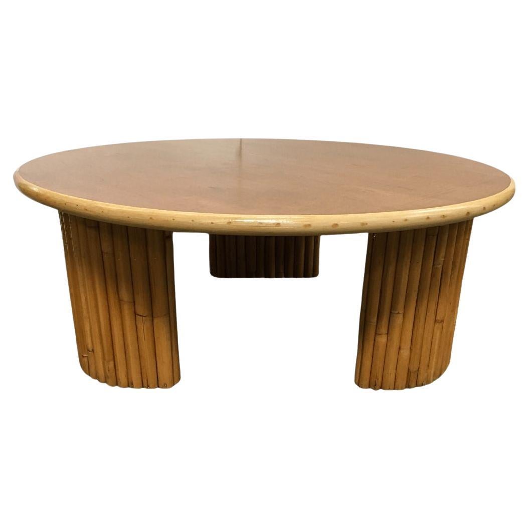 Vintage Mahogany Wood Round Coffee Table with Rattan Stack Legs For ...
