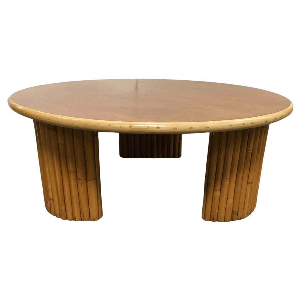 Vintage Mahogany Wood Round Coffee Table with Rattan Stack Legs For ...