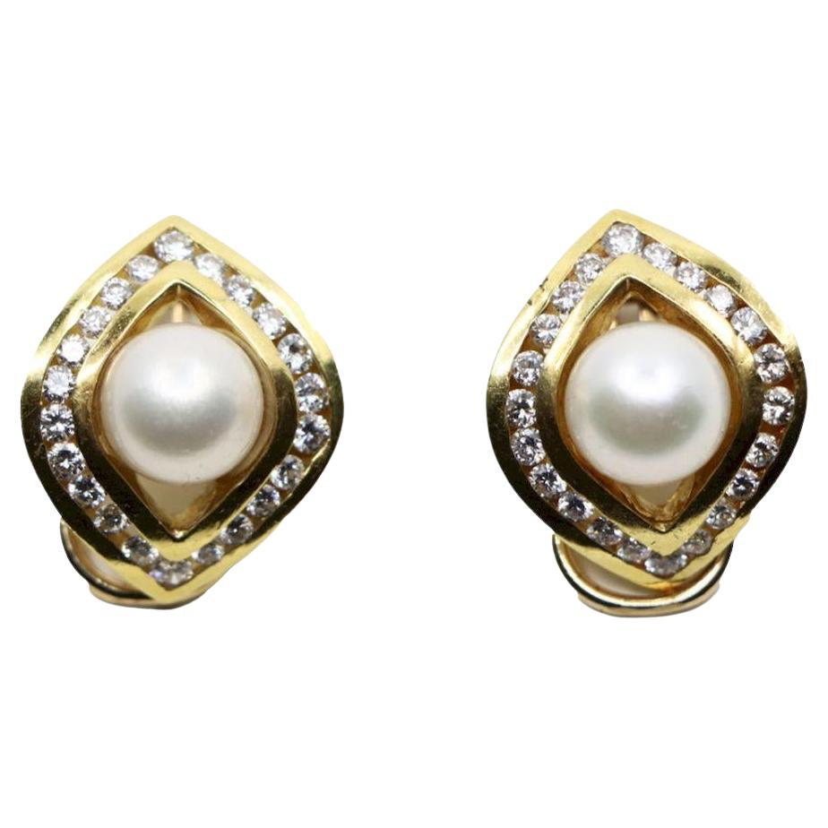 Vintage Maico 18K Gold Pearl Diamond Earrings