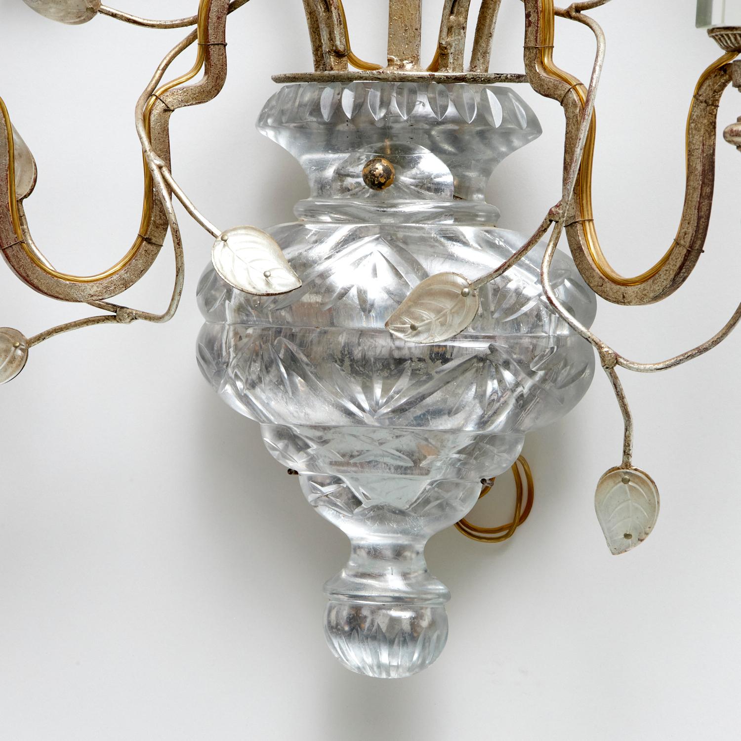 Vintage Maison Baguès Style Silvered Iron & Crystal Wall Sconce of Floral Design In Good Condition For Sale In Morristown, NJ