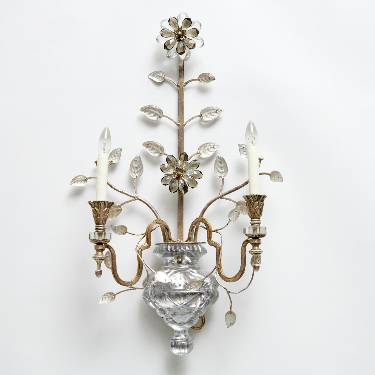 Vintage Maison Baguès Style Silvered Iron & Crystal Wall Sconce of Floral Design For Sale 1