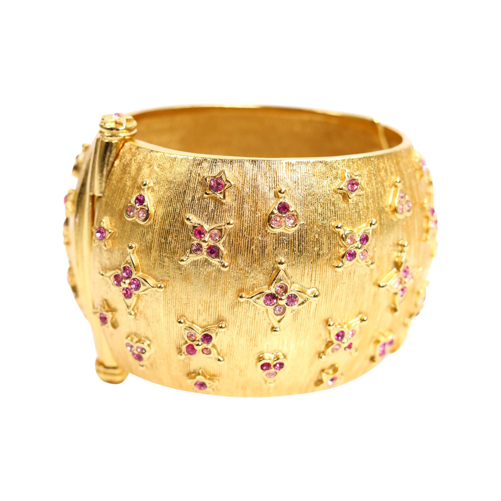 Women's or Men's Vintage Maison Goossens for YSL Gold Bracelet with Pink Crystals Circa 1980s For Sale