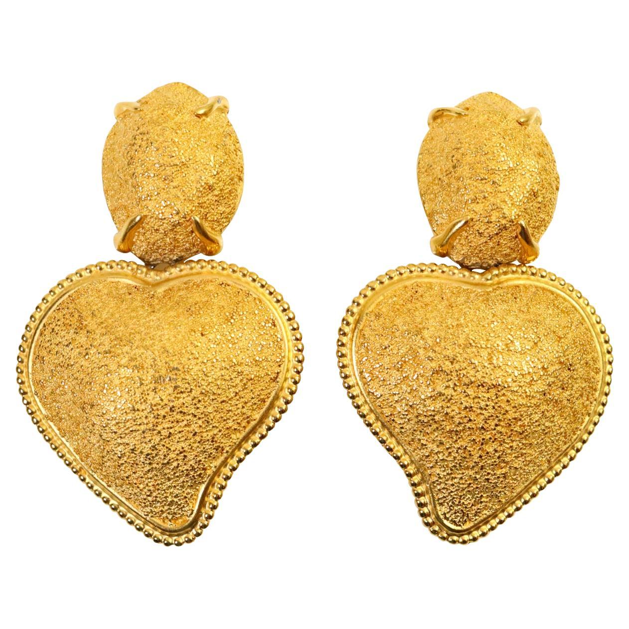 Vintage Maison Goossens Yves Saint Laurent YSL Gold  Heart Earrings, Circa 1980s For Sale